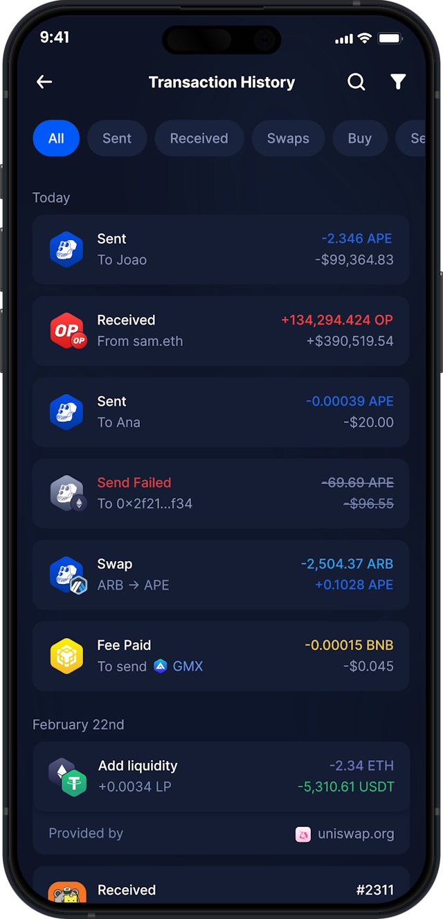 Infinity Mobile ApeCoin Wallet - Complete APE Transaction History
