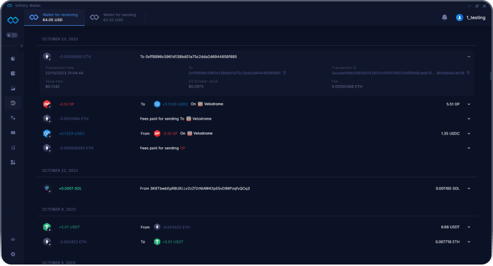 Infinity Desktop Crypto Wallet - Storia Completa delle Transazioni