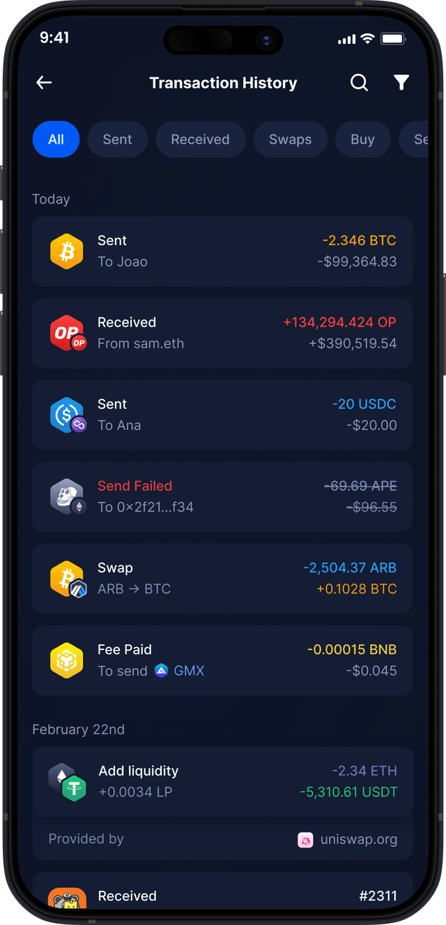 Infinity Mobile Crypto Wallet - Complete Transaction History