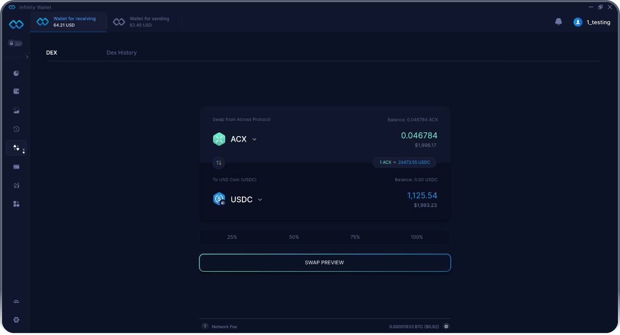 Portefeuille Mobile Across Protocol Infinity - Pont & Agrégateur DEX