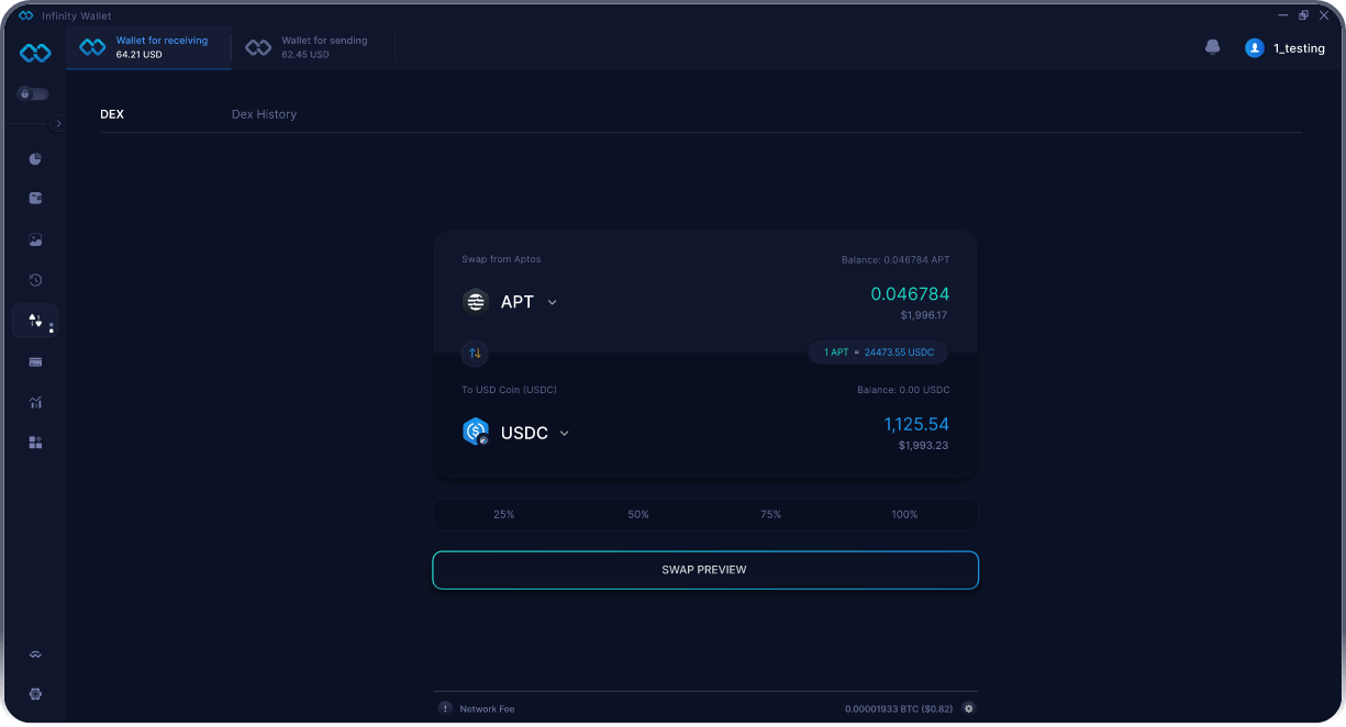 Infinity Móvel Aptos Wallet - Ponte e Agregador DEX