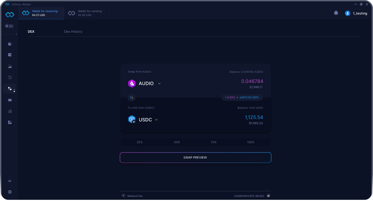 Wallet Audius Móvil de Infinity - Puente y Agregador DEX