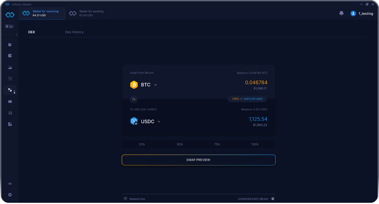 Portefeuille Mobile Bitcoin Infinity - Pont & Agrégateur DEX