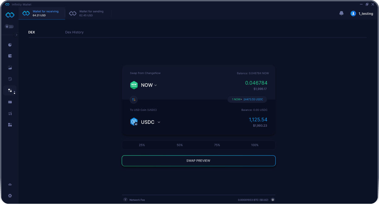 Wallet ChangeNow Móvil de Infinity - Puente y Agregador DEX