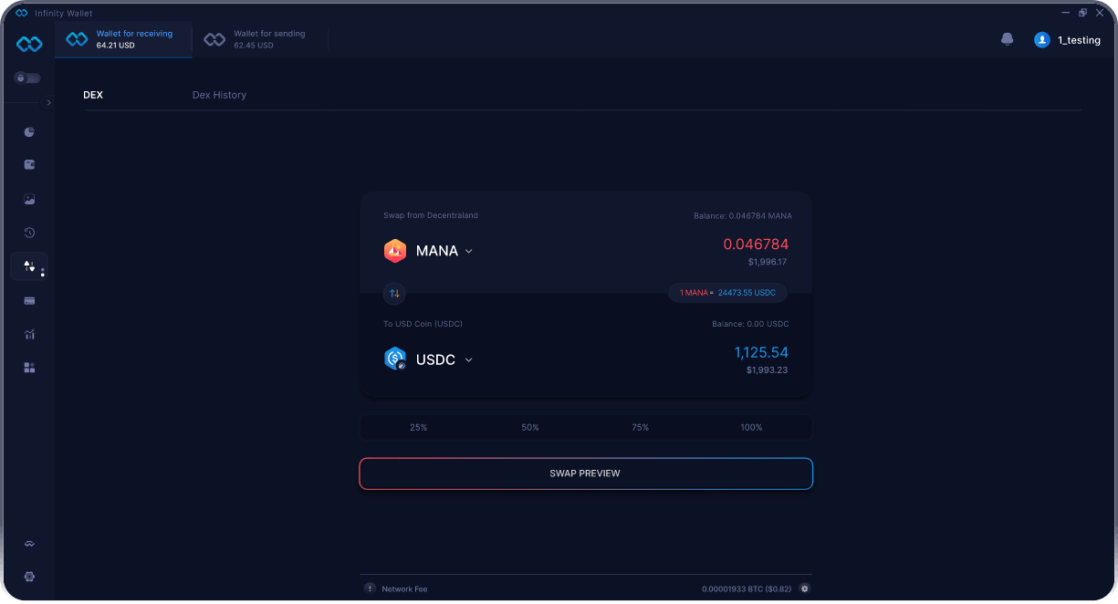 Portefeuille Mobile Decentraland Infinity - Pont & Agrégateur DEX