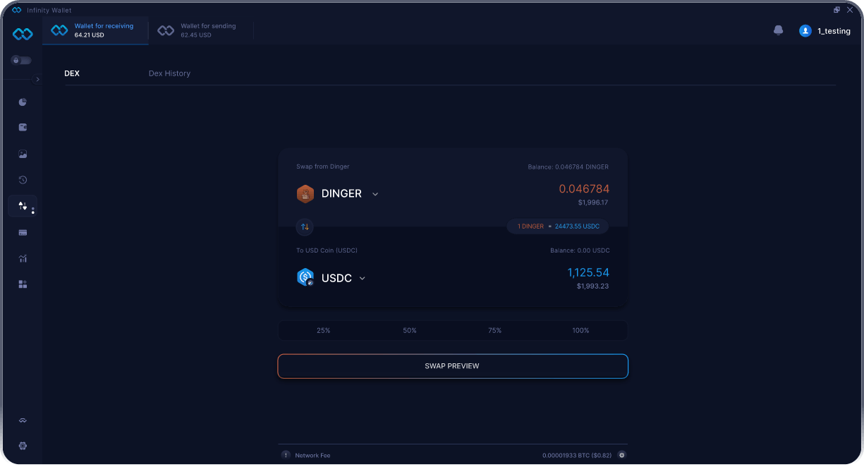 Wallet Dinger Móvil de Infinity - Puente y Agregador DEX