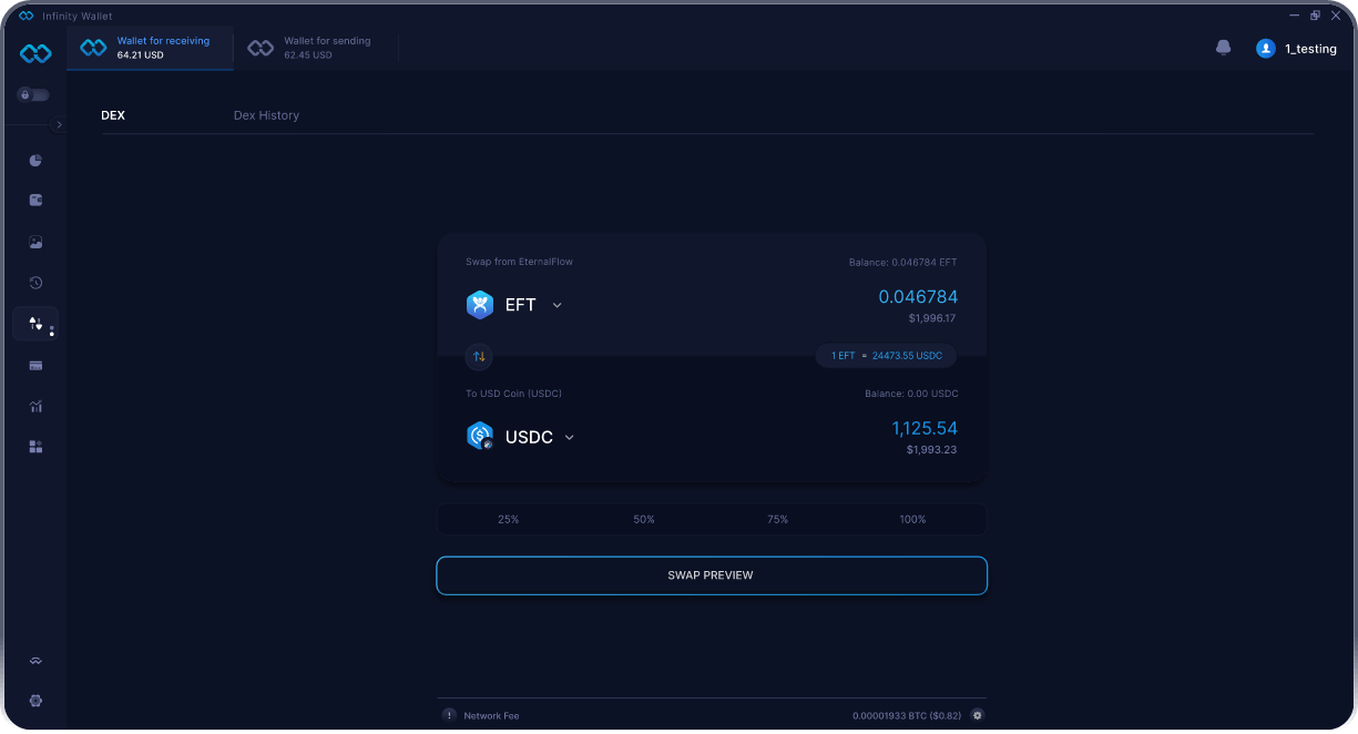 Wallet EternalFlow Móvil de Infinity - Puente y Agregador DEX