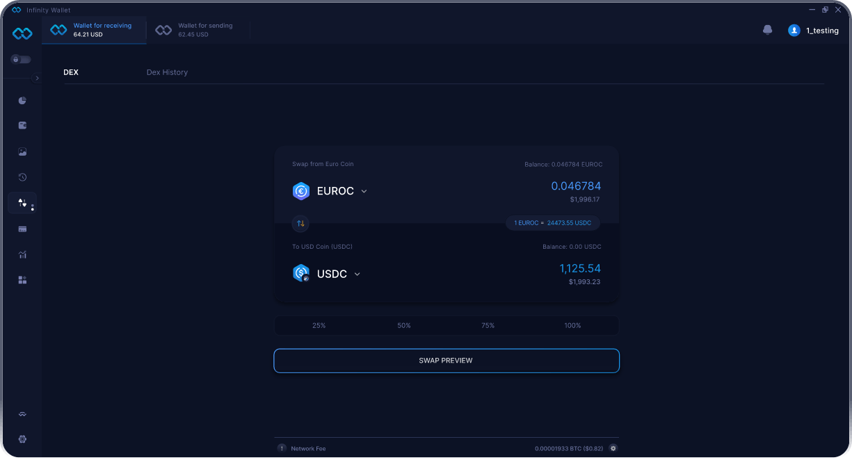 无限移动端Euro Coin钱包 - 桥接和DEX聚合器