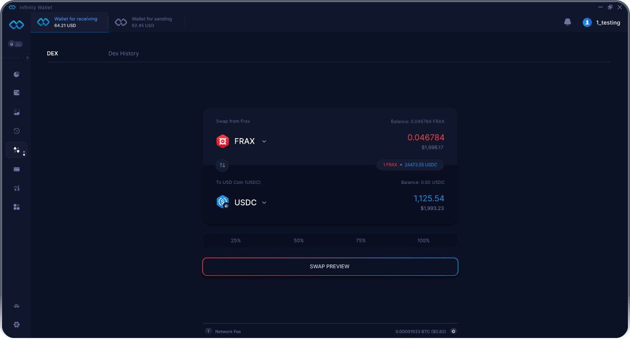 Infinity Mobile Frax Wallet - Bridge & DEX Aggregator