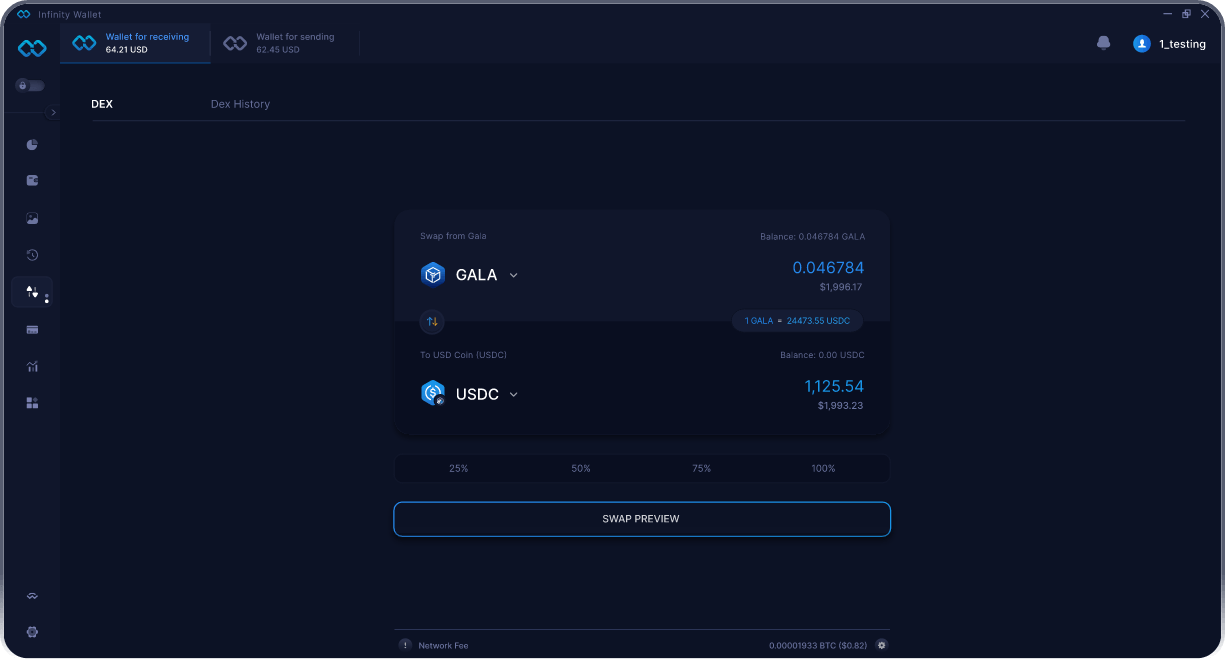 Wallet Gala Móvil de Infinity - Puente y Agregador DEX