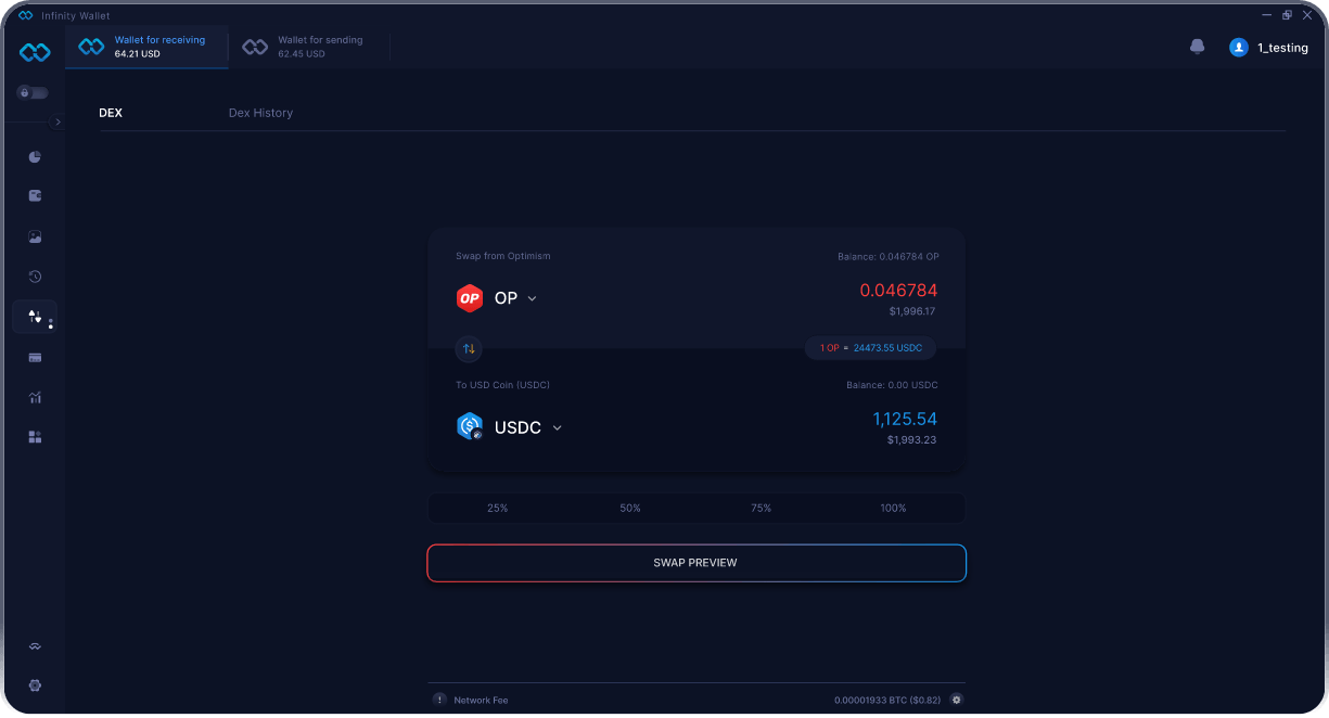 Wallet Optimism Móvil de Infinity - Puente y Agregador DEX