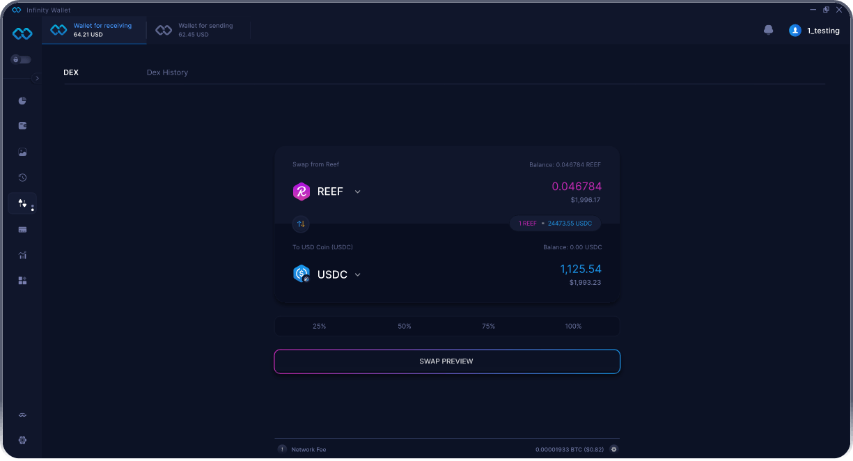 Wallet Reef Móvil de Infinity - Puente y Agregador DEX