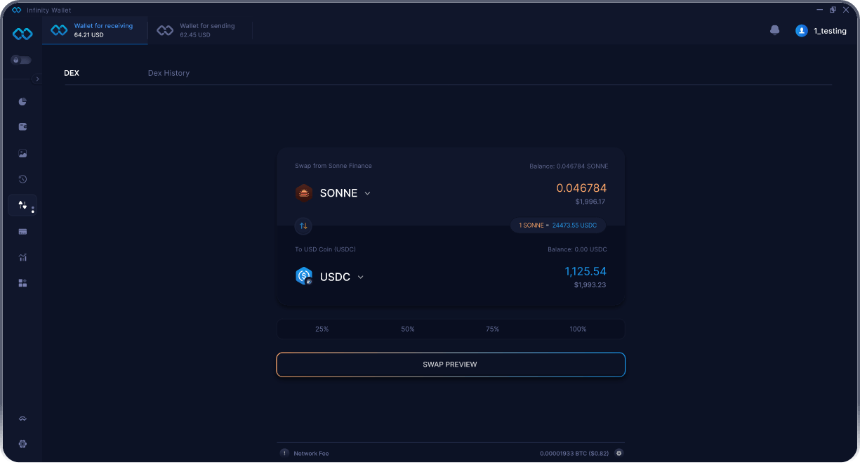 Infinity Móvel Sonne Finance Wallet - Ponte e Agregador DEX