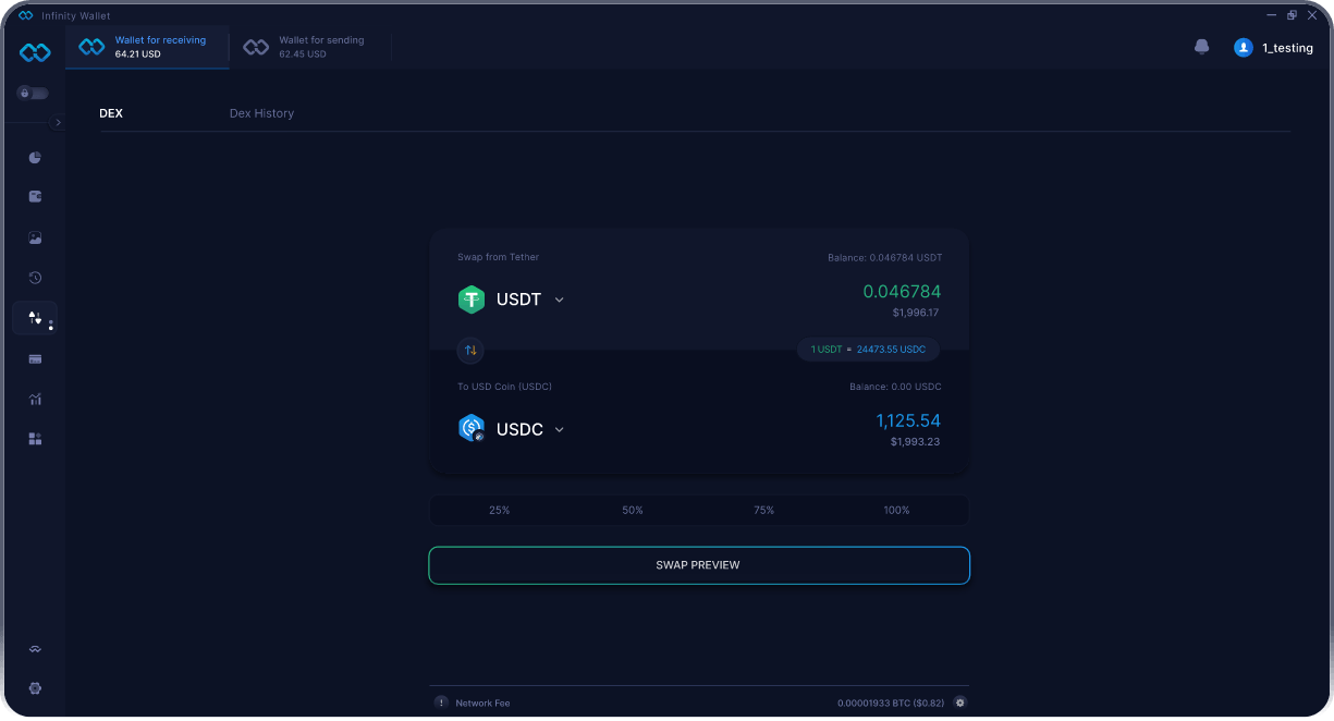 Portefeuille Mobile Tether Infinity - Pont & Agrégateur DEX