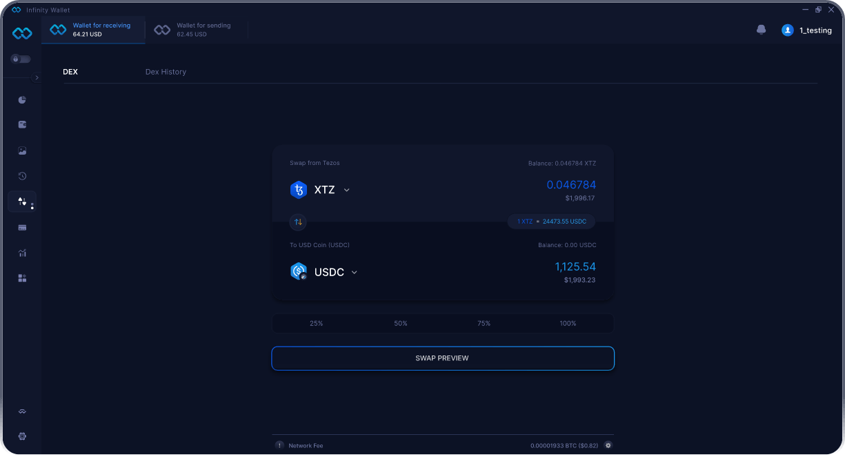 Portefeuille Mobile Tezos Infinity - Pont & Agrégateur DEX