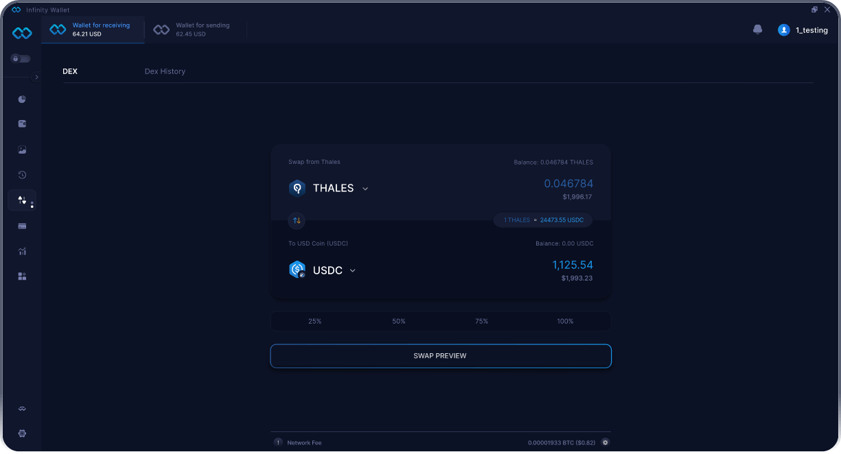 Wallet Thales Móvil de Infinity - Puente y Agregador DEX