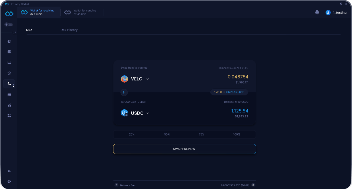 Wallet Velodrome Móvil de Infinity - Puente y Agregador DEX