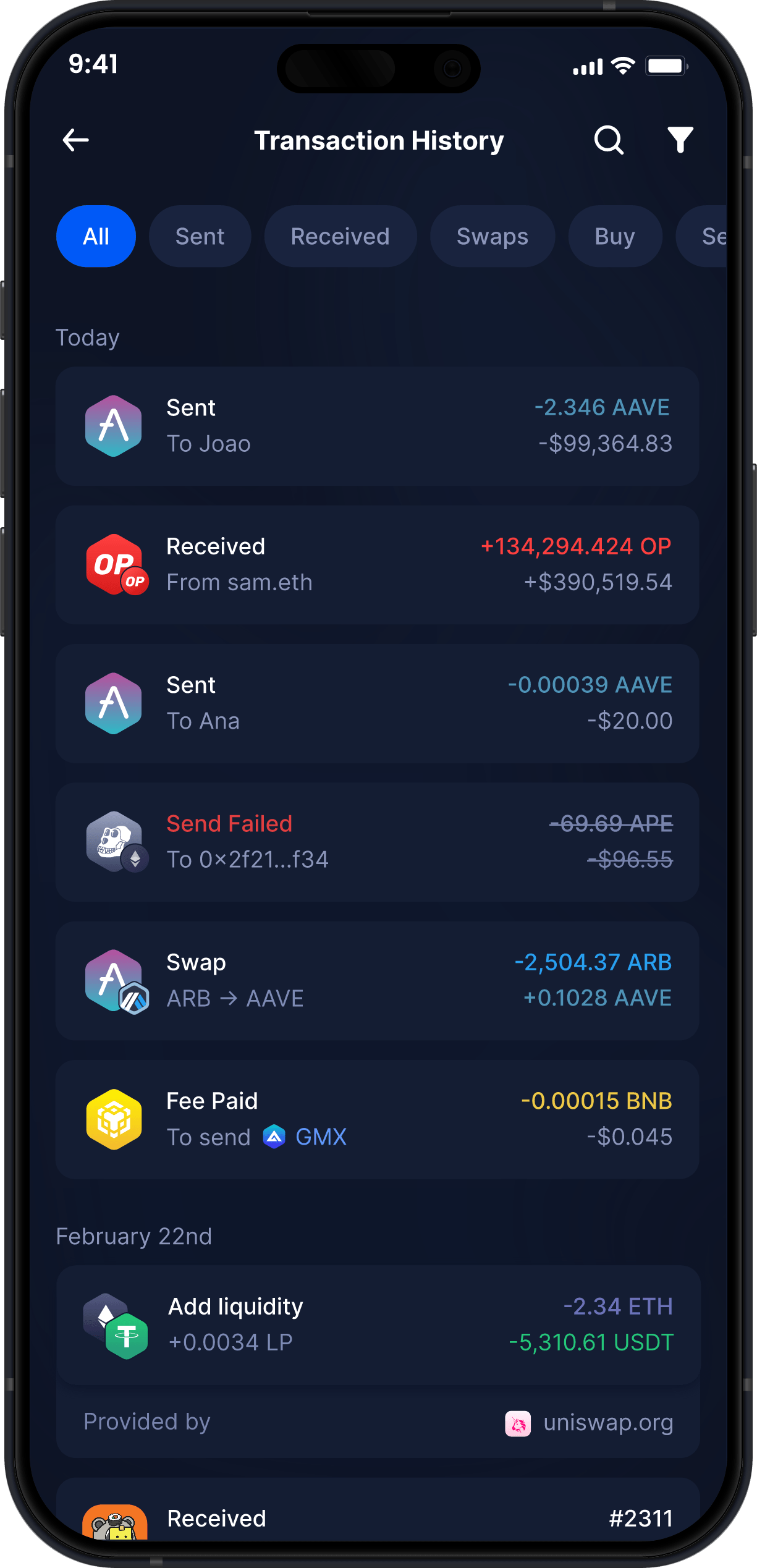 Wallet Aave Móvil de Infinity - Historial Completo de Transacciones de AAVE