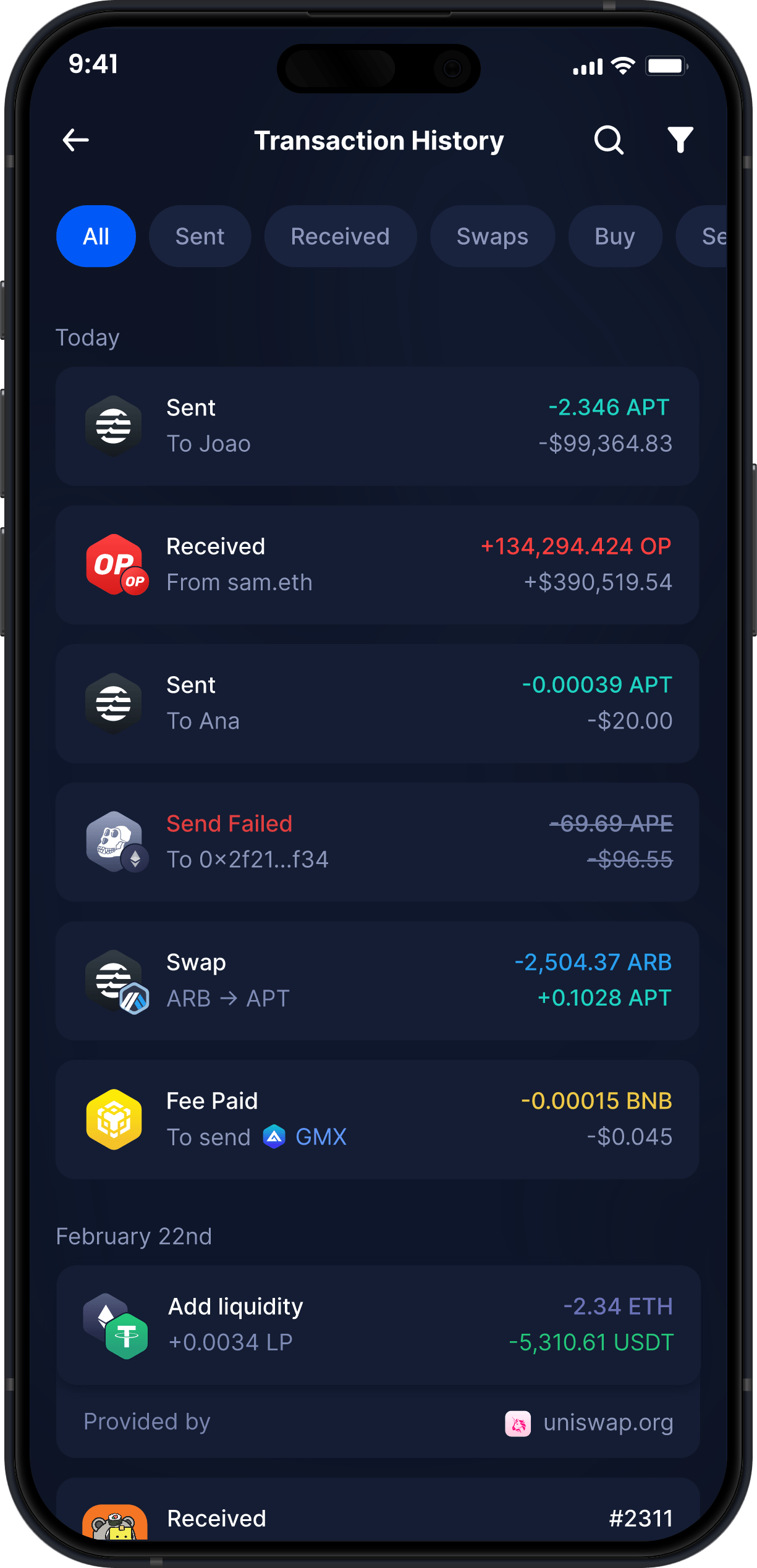 Wallet Aptos Móvil de Infinity - Historial Completo de Transacciones de APT