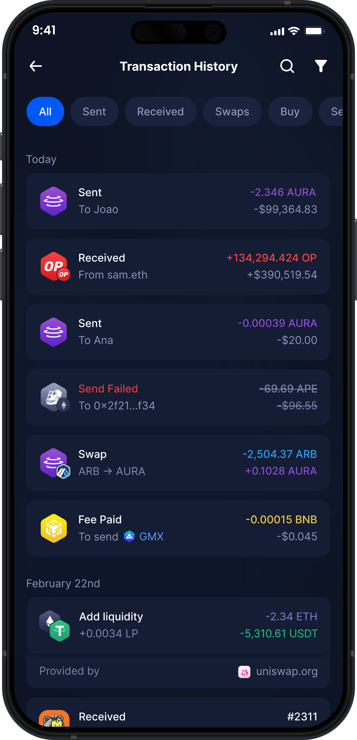 Wallet Aura Móvil de Infinity - Historial Completo de Transacciones de AURA