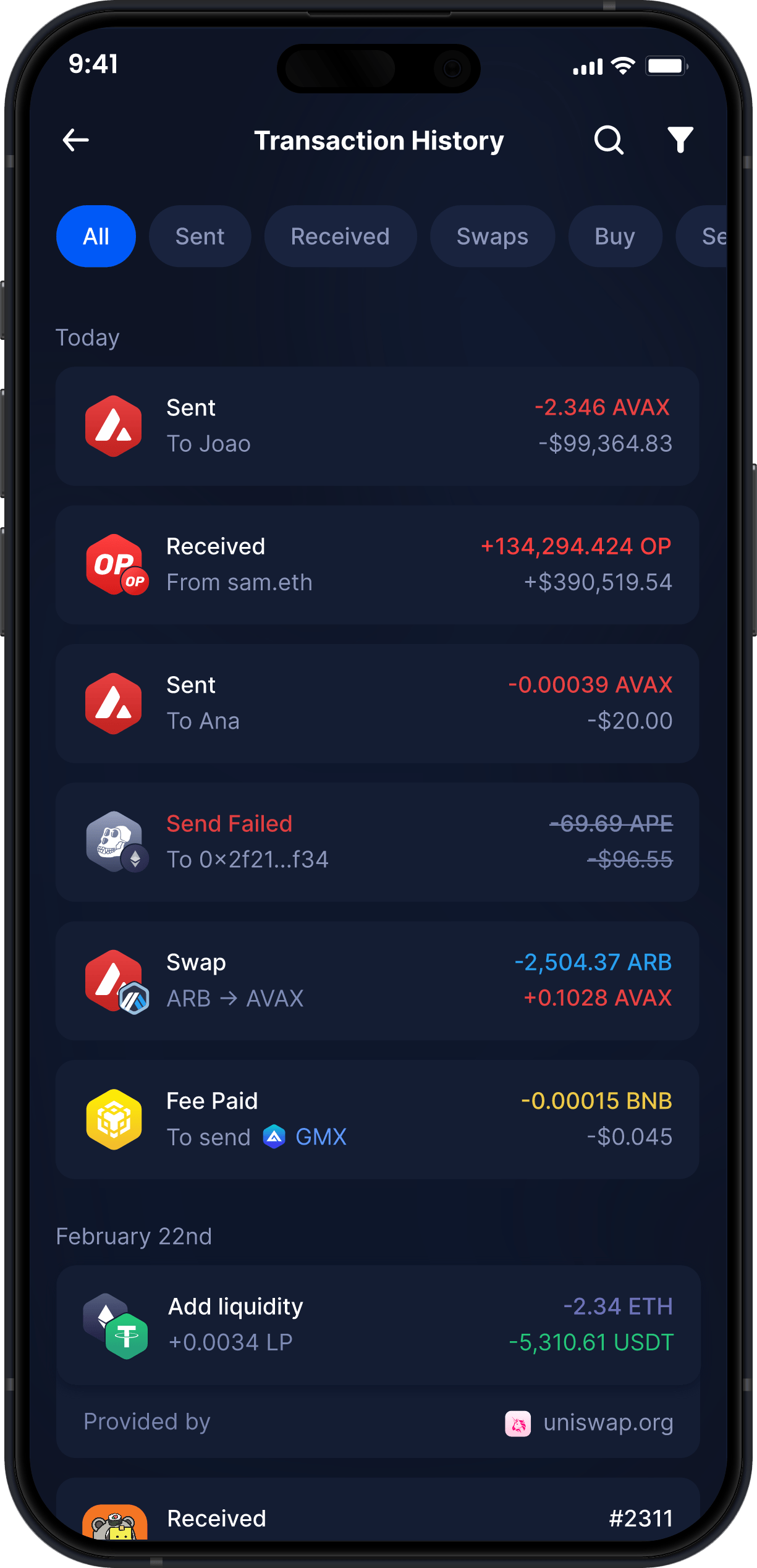 Infinity Mobile Avalanche Wallet - Complete AVAX Transaction History