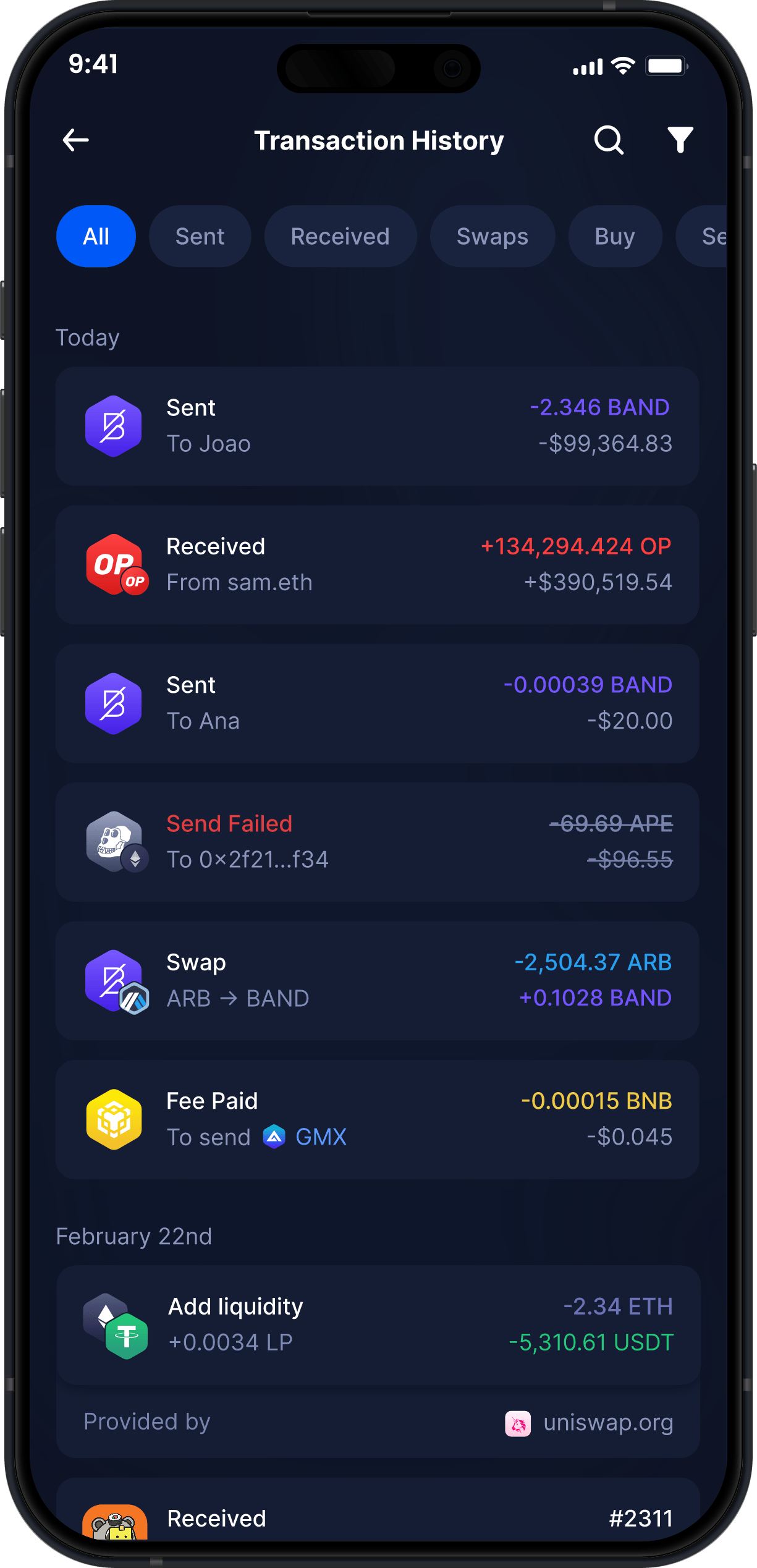 Infinity Mobile Band Protocol Wallet - Complete BAND Transaction History