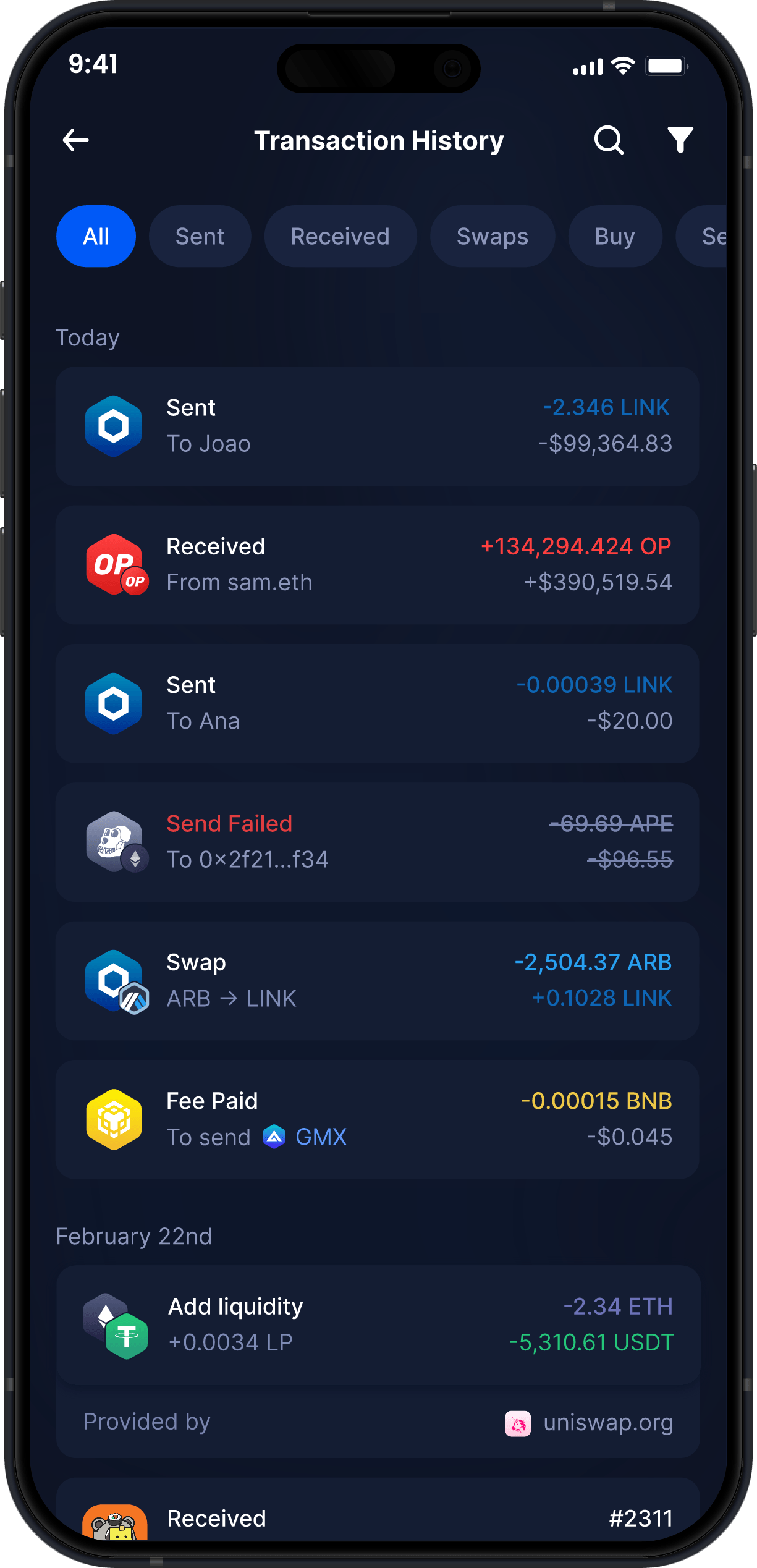 Infinity Mobile ChainLink Wallet - Complete LINK Transaction History