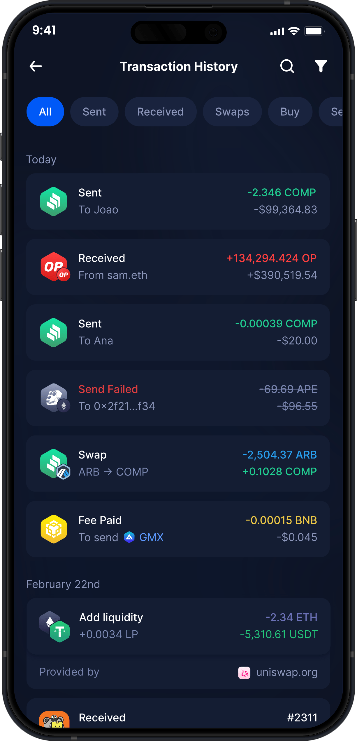 Wallet Compound Móvil de Infinity - Historial Completo de Transacciones de COMP