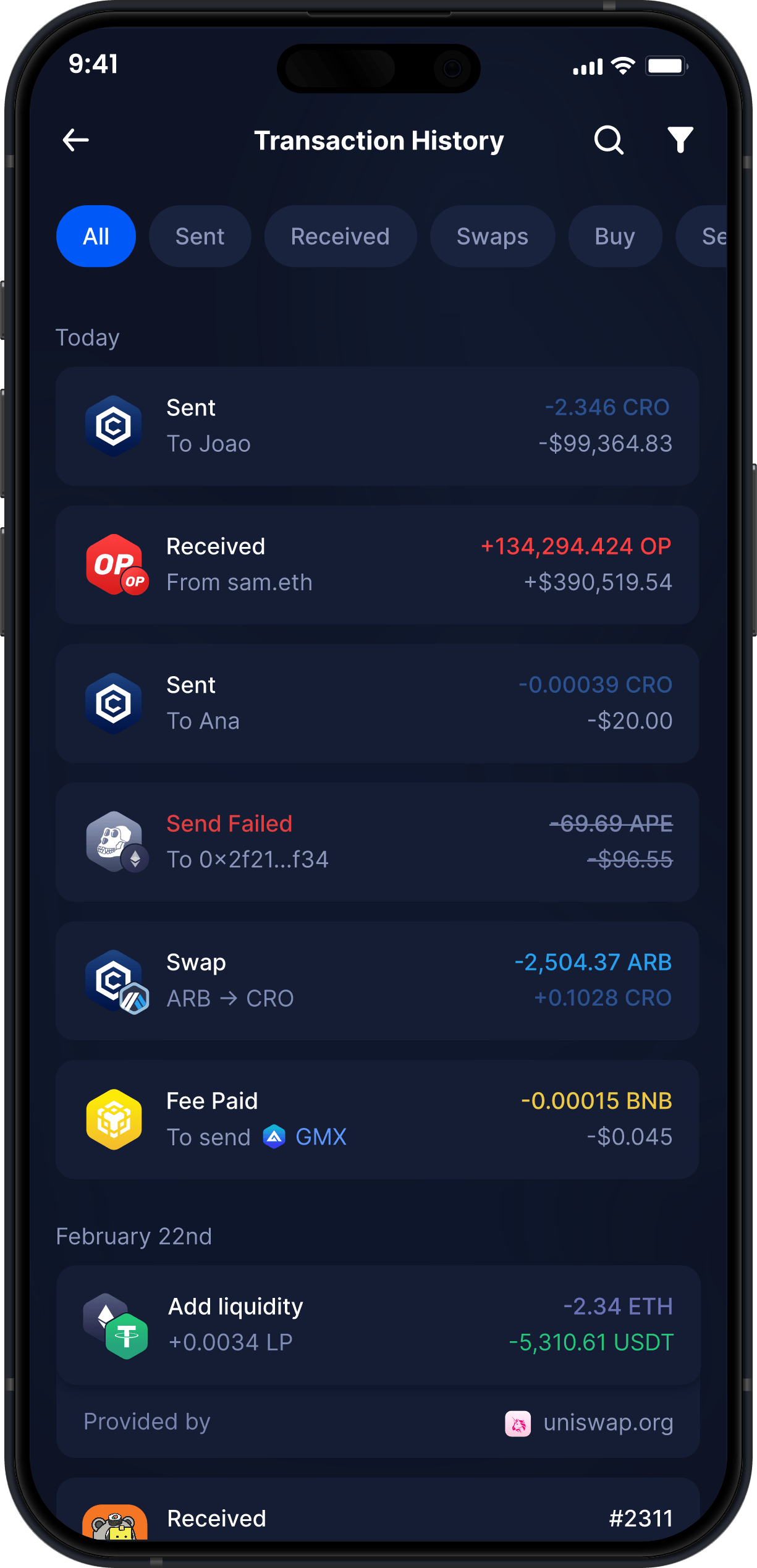 Infinity Mobile Cronos Wallet - Complete CRO Transaction History