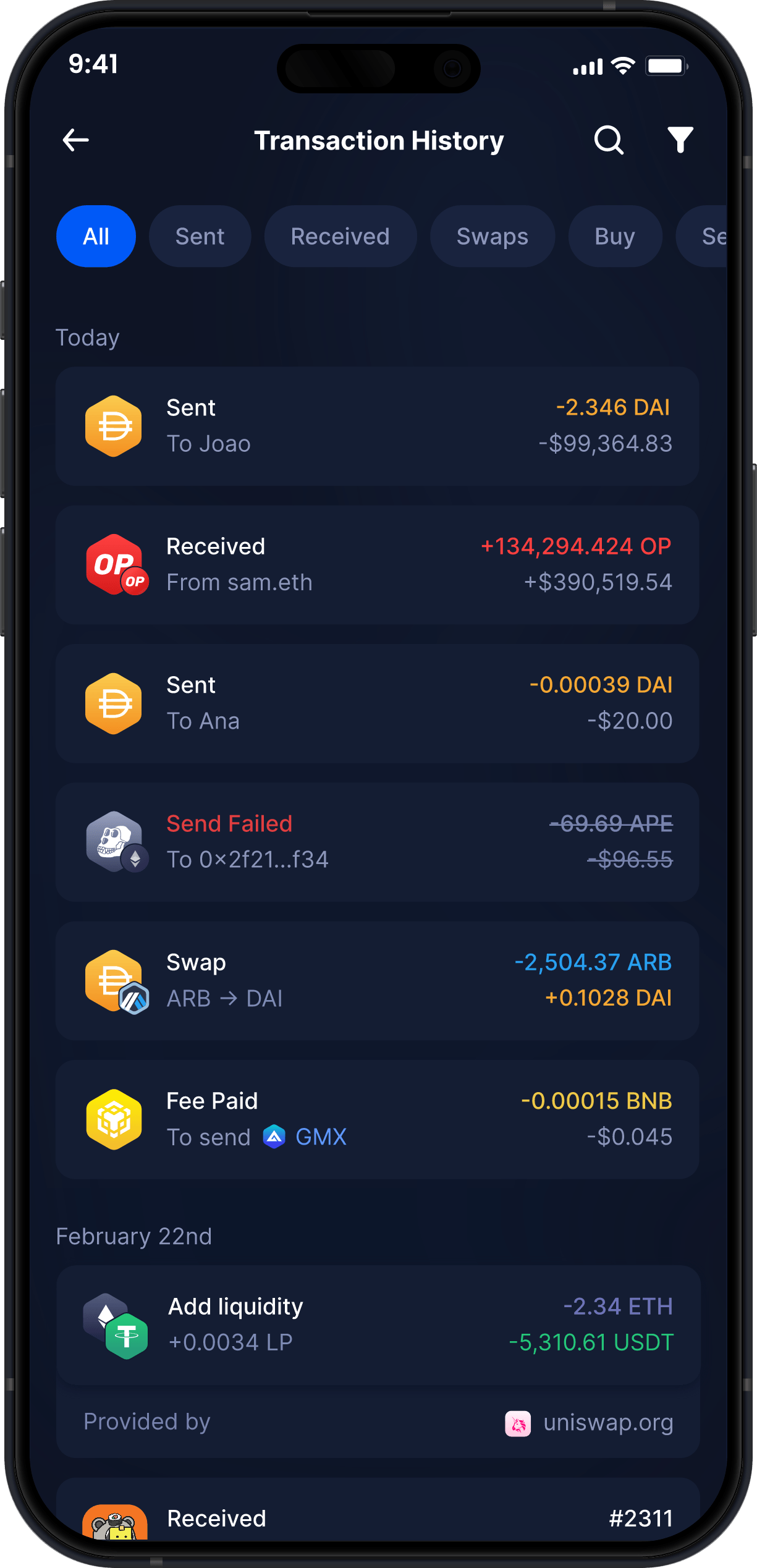 Infinity Mobile Dai Wallet - Complete DAI Transaction History