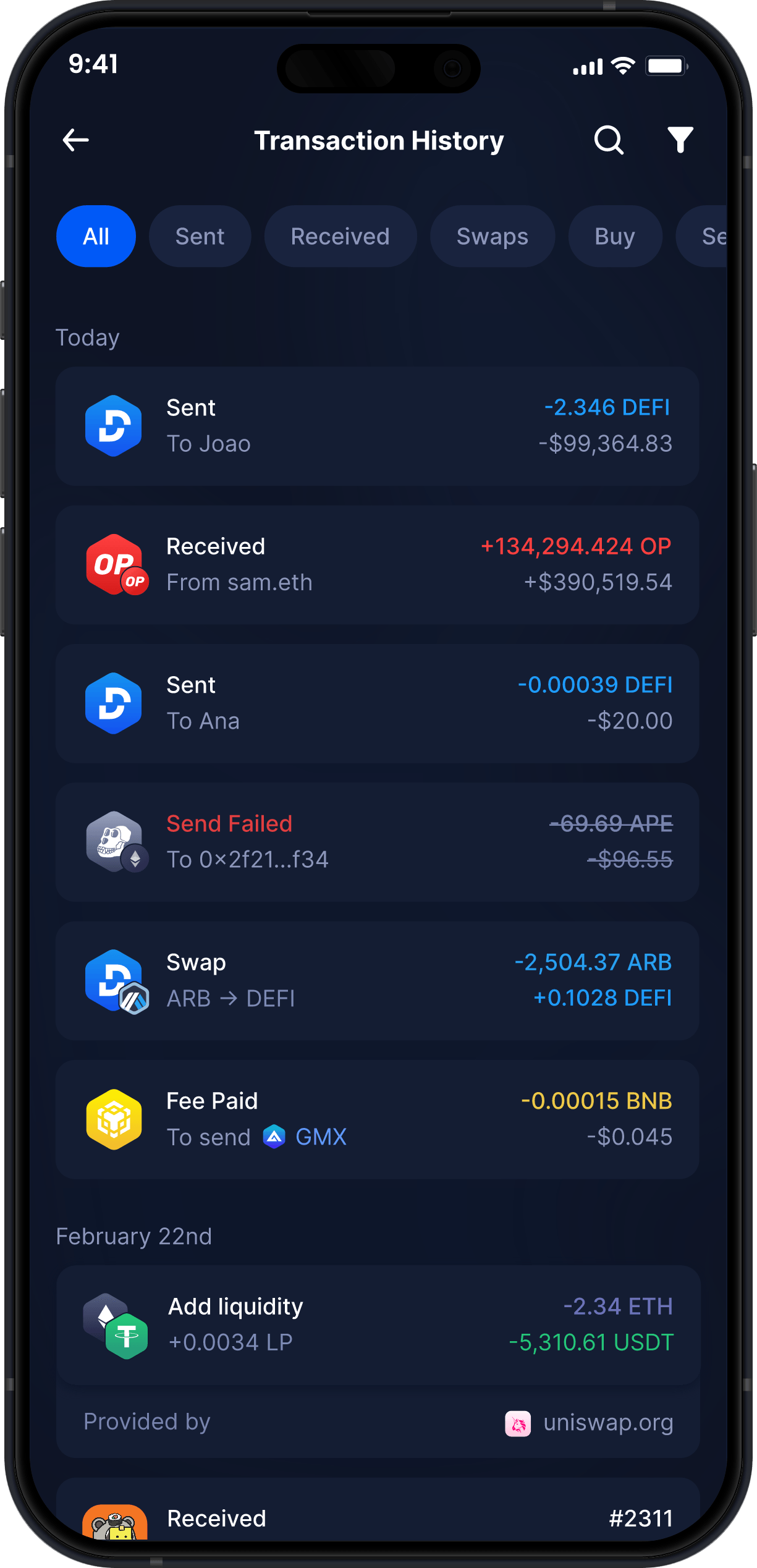 Infinity Mobile DeFi Wallet - Complete DEFI Transaction History