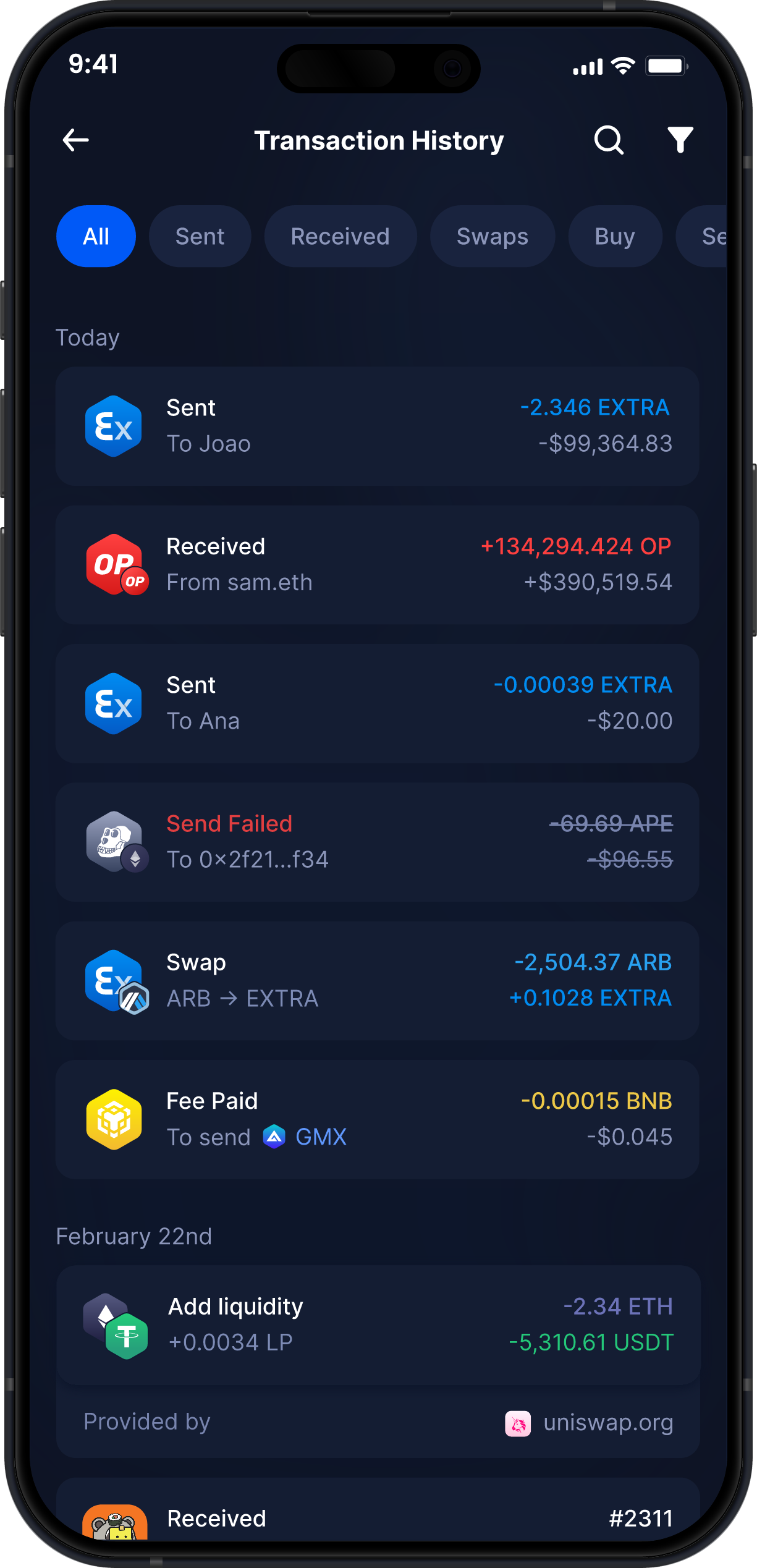 Infinity Mobile Extra Finance Wallet - Complete EXTRA Transaction History