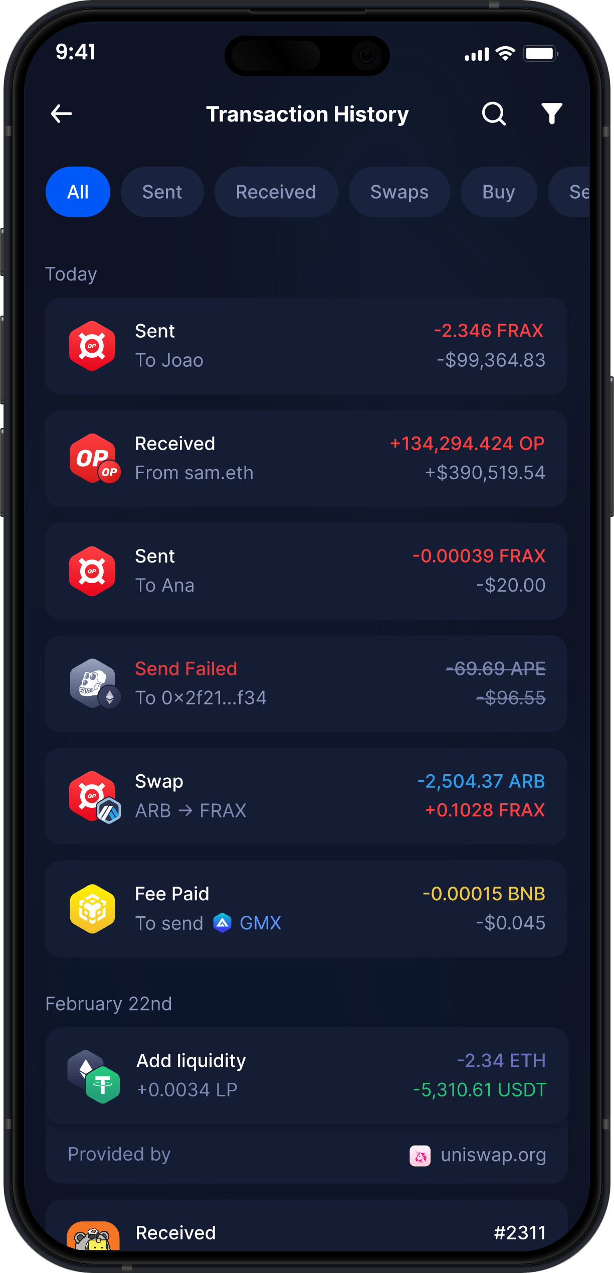 Infinity Mobile Frax Wallet - Complete FRAX Transaction History