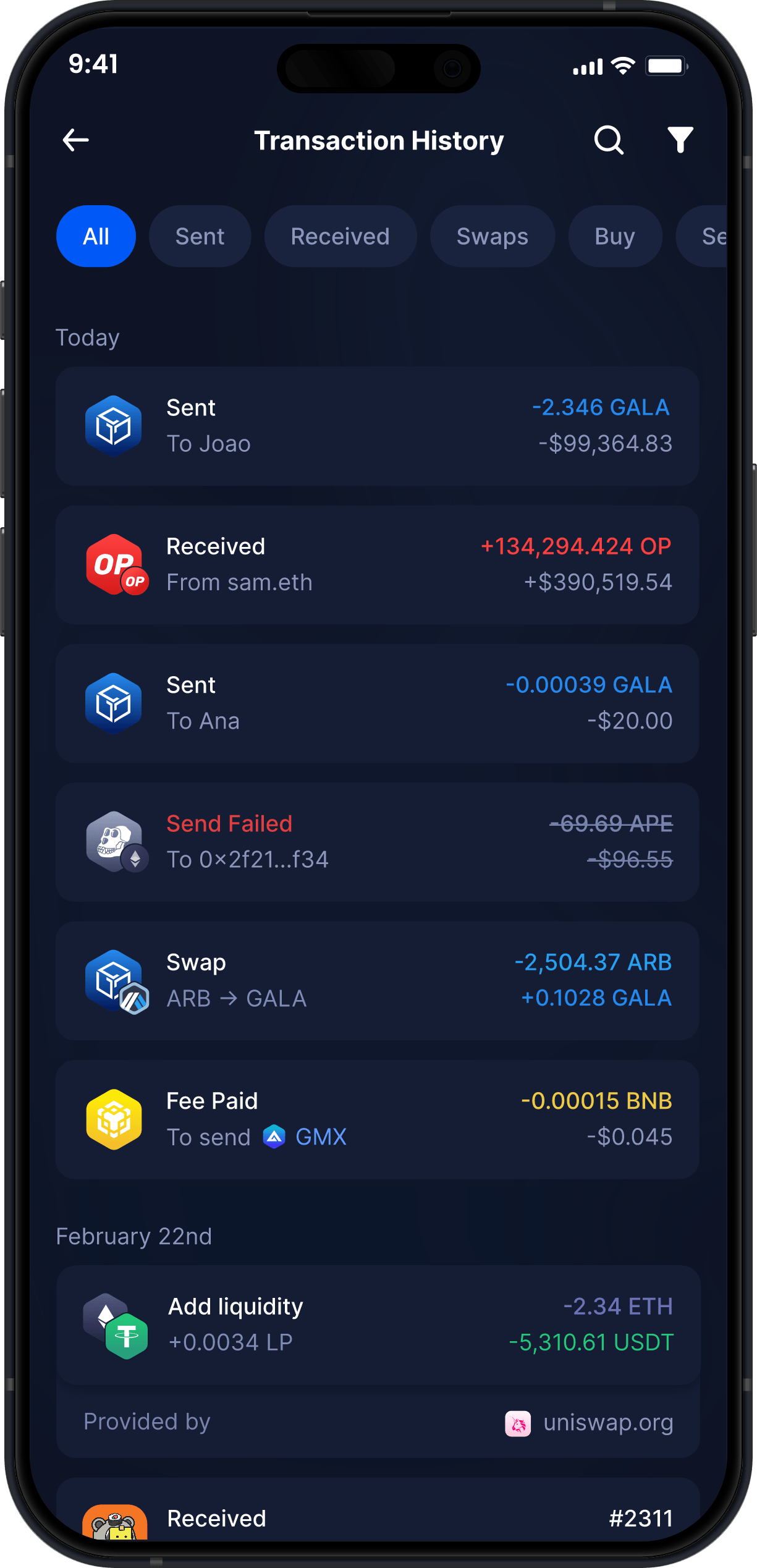 Infinity Mobile Gala Wallet - Complete GALA Transaction History