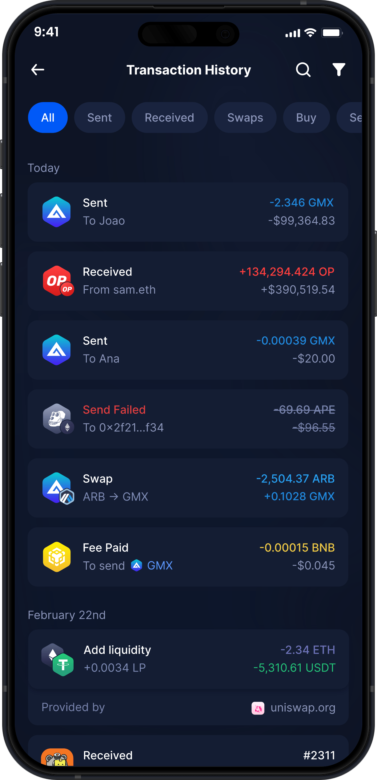 Wallet GMX Móvil de Infinity - Historial Completo de Transacciones de GMX