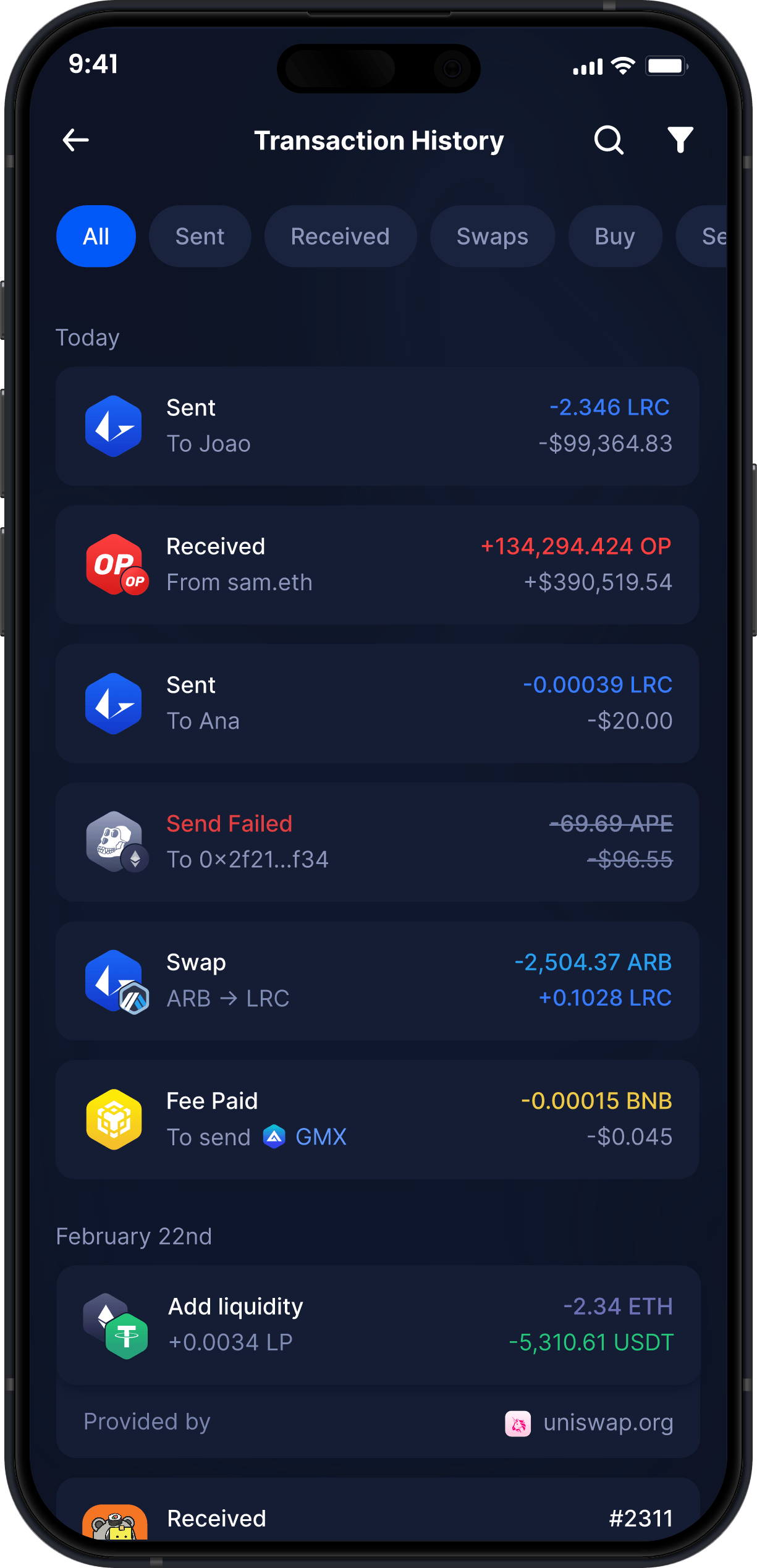 Portefeuille Mobile Loopring Infinity - Historique Complet des Transactions LRC