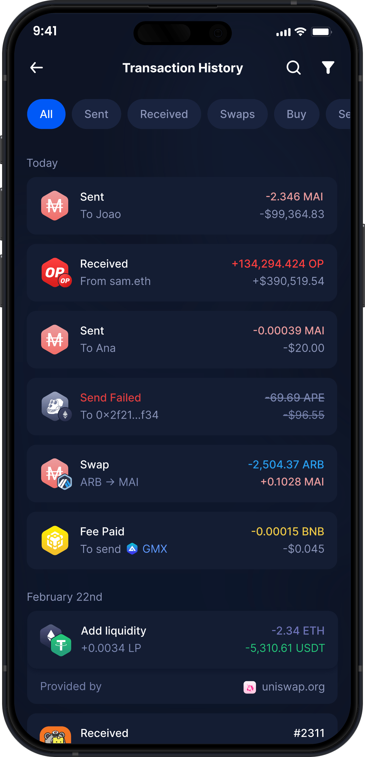 Infinity Mobile MAI Wallet - Complete MAI Transaction History