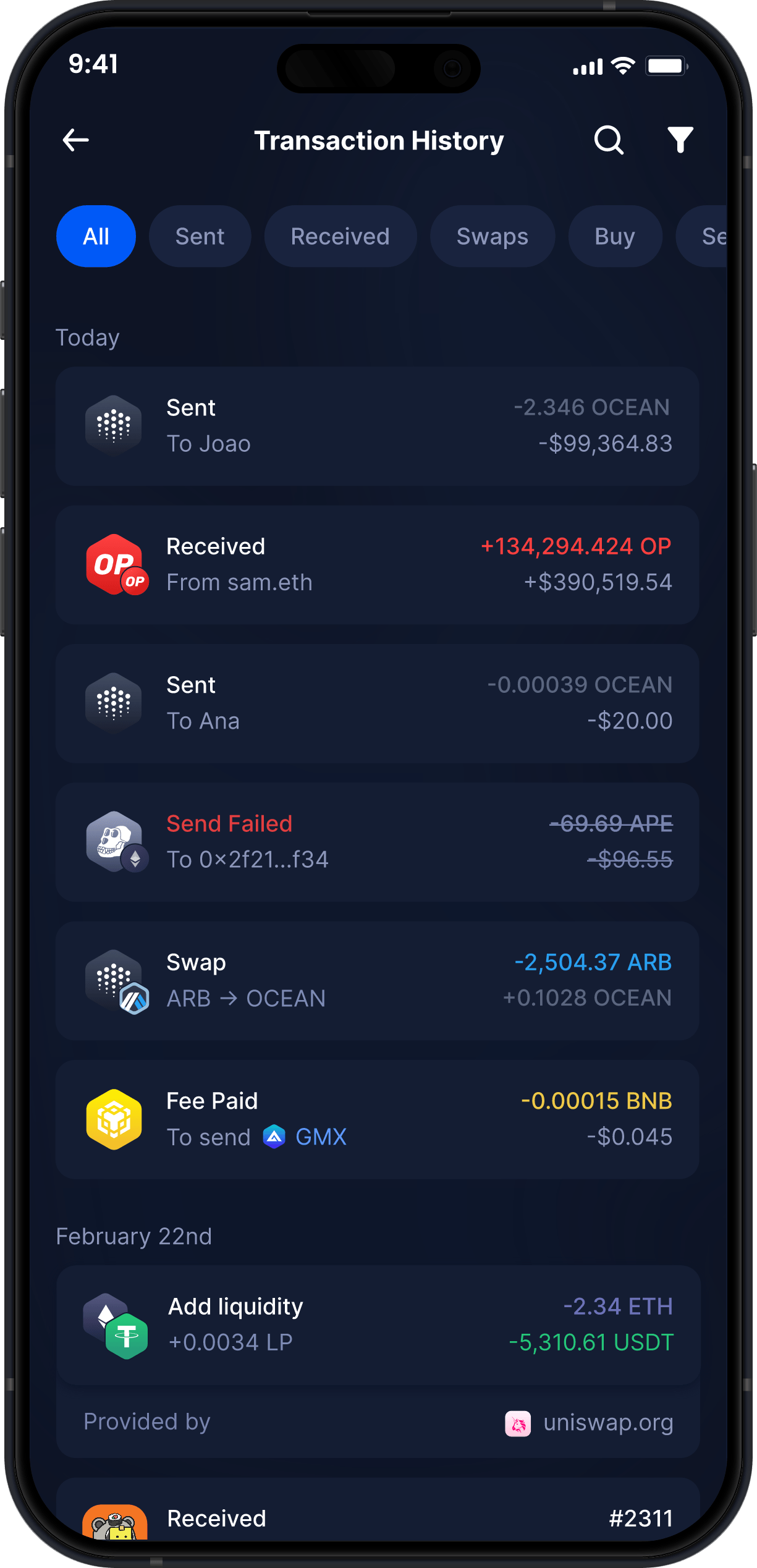 Infinity Mobile Ocean Protocol Wallet - Storia Completa delle Transazioni OCEAN