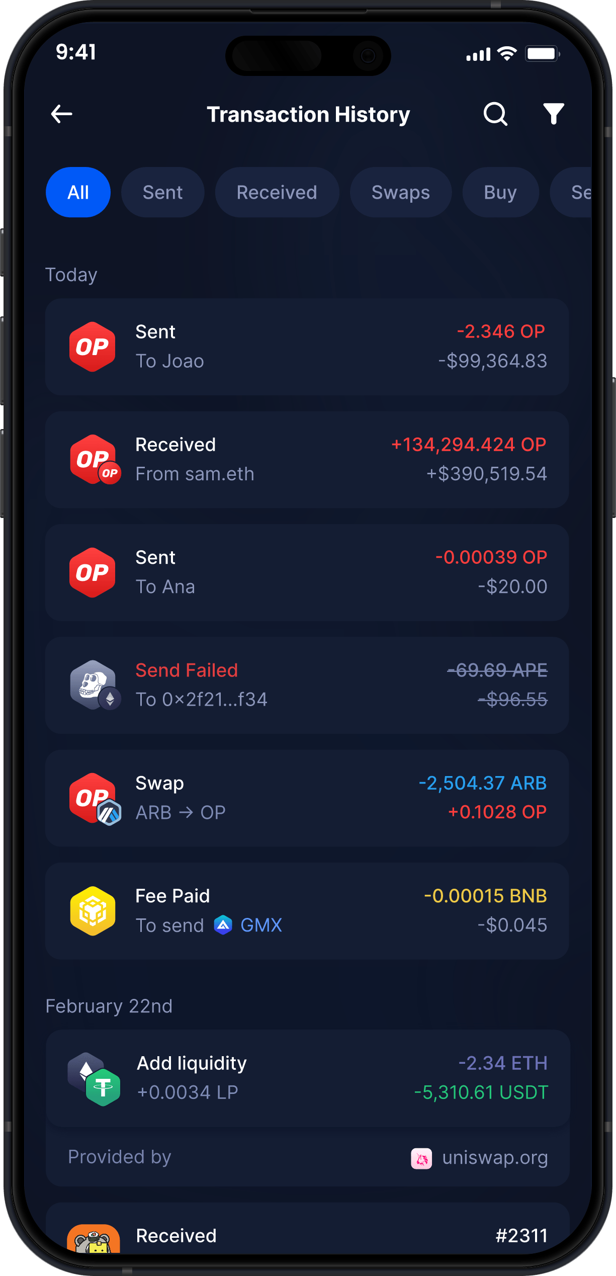 Infinity Mobile Optimism Wallet - Complete OP Transaction History