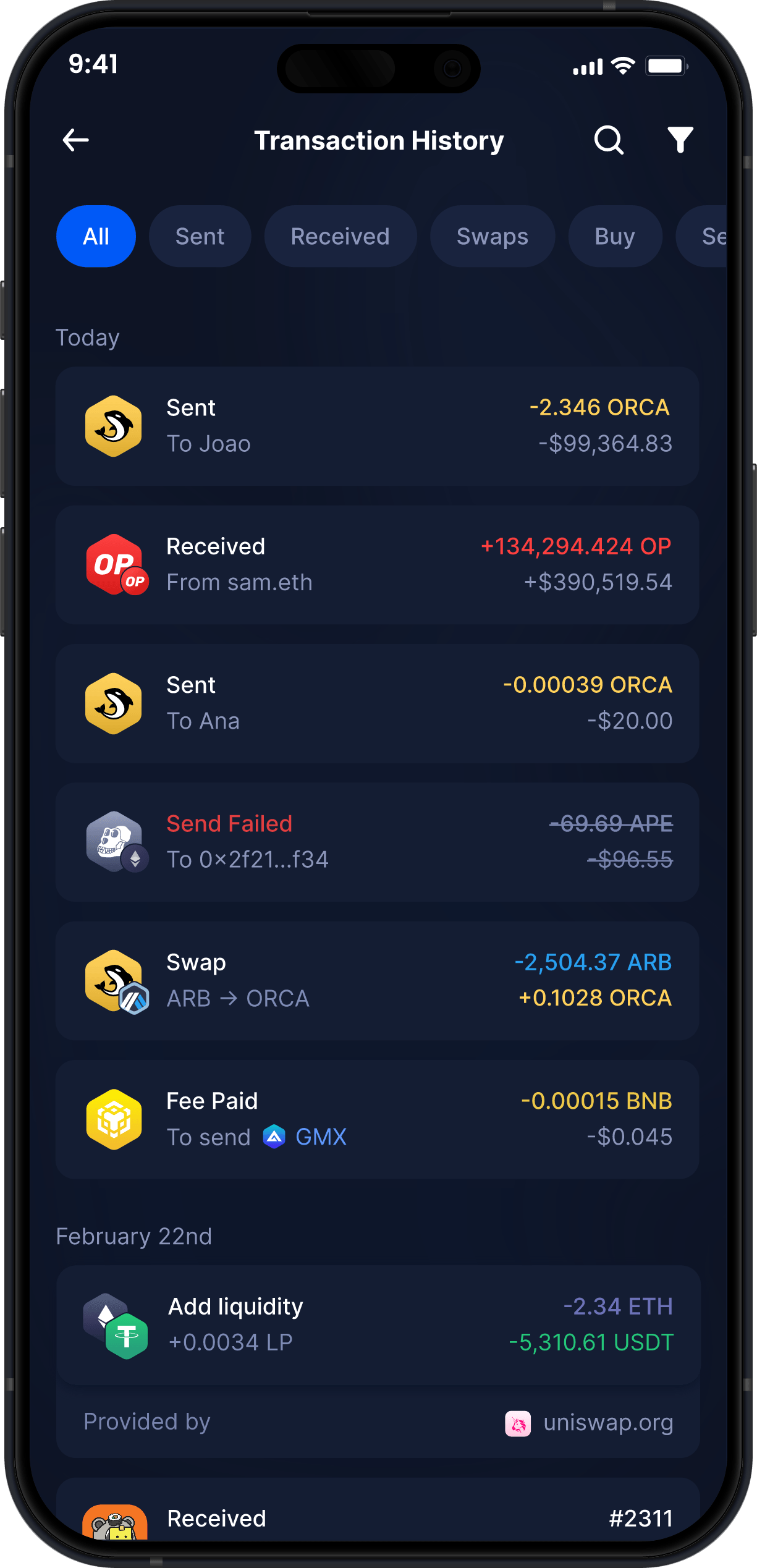 Infinity Mobile Orca Wallet - Complete ORCA Transaction History