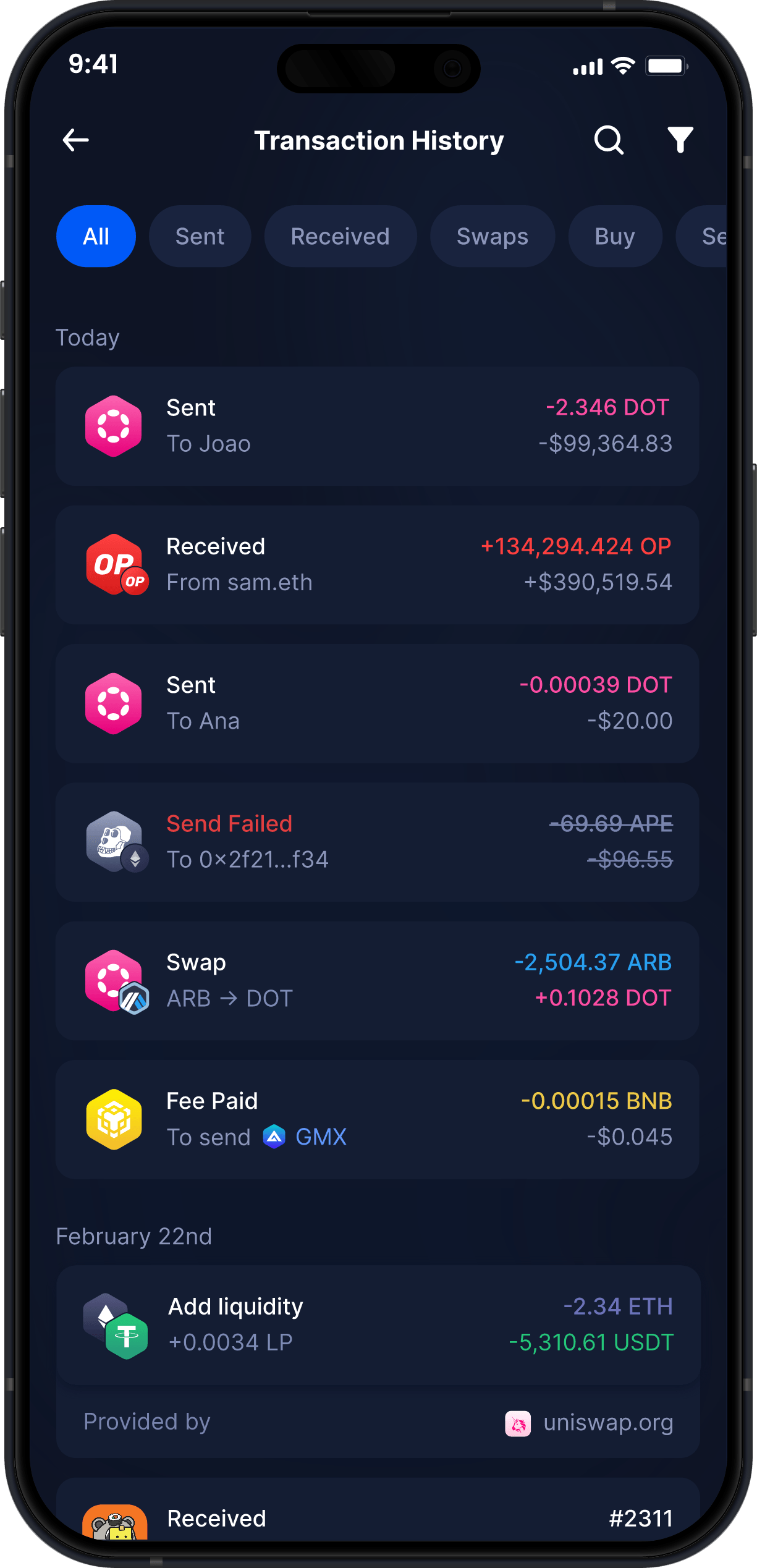 Wallet Polkadot Móvil de Infinity - Historial Completo de Transacciones de DOT