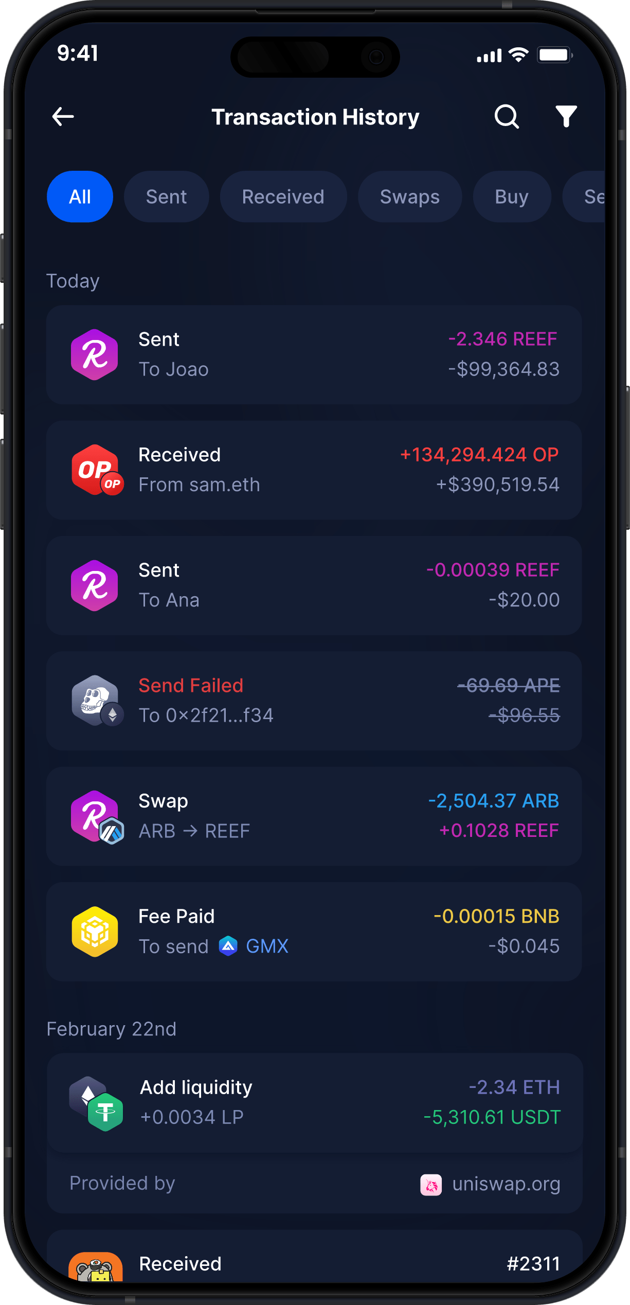 Infinity Mobile Reef Wallet - Complete REEF Transaction History