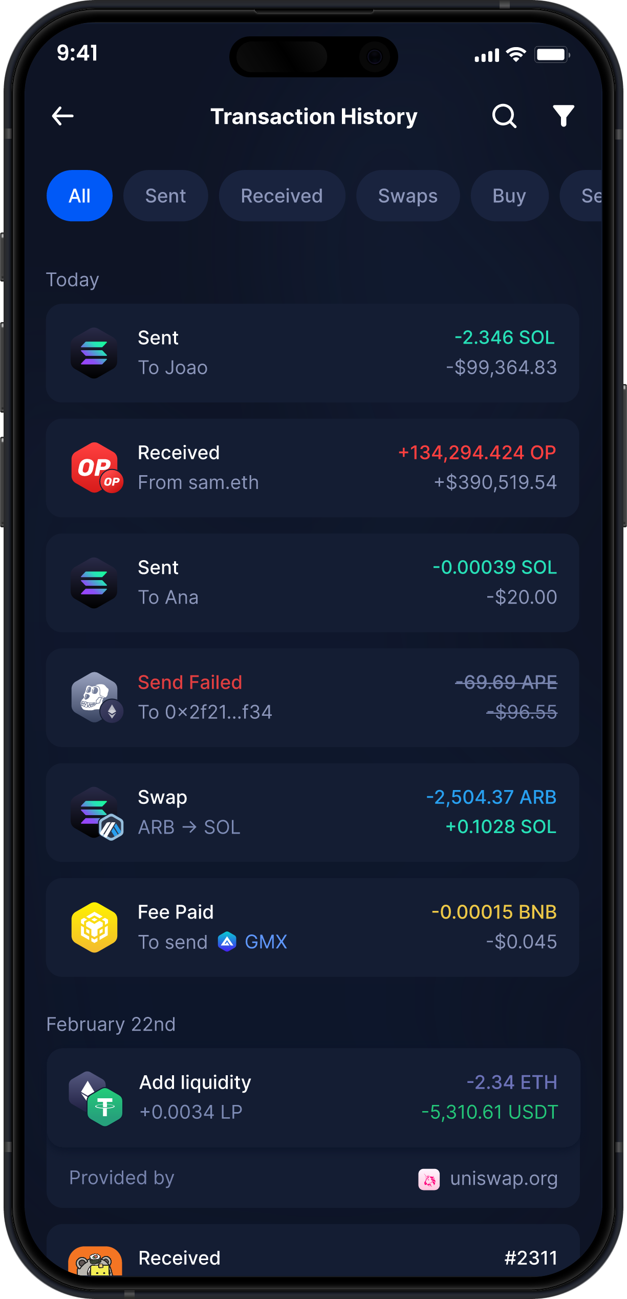 Infinity Mobile Solana Wallet - Complete SOL Transaction History