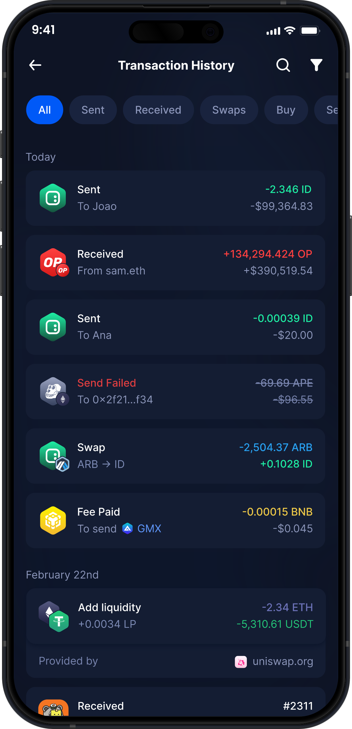 Infinity Mobile Space ID Wallet - Complete ID Transaction History