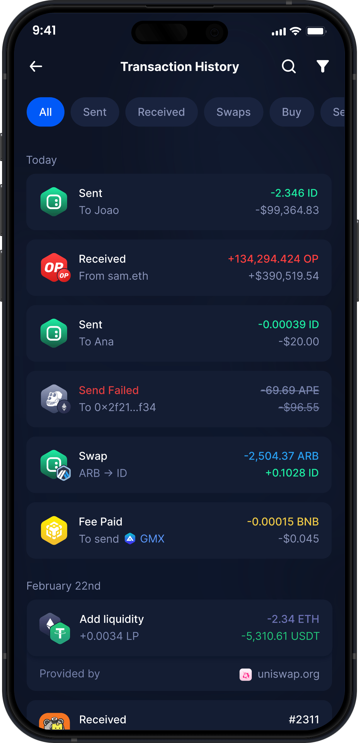 Infinity Mobile Space ID Wallet - Complete ID Transaction History