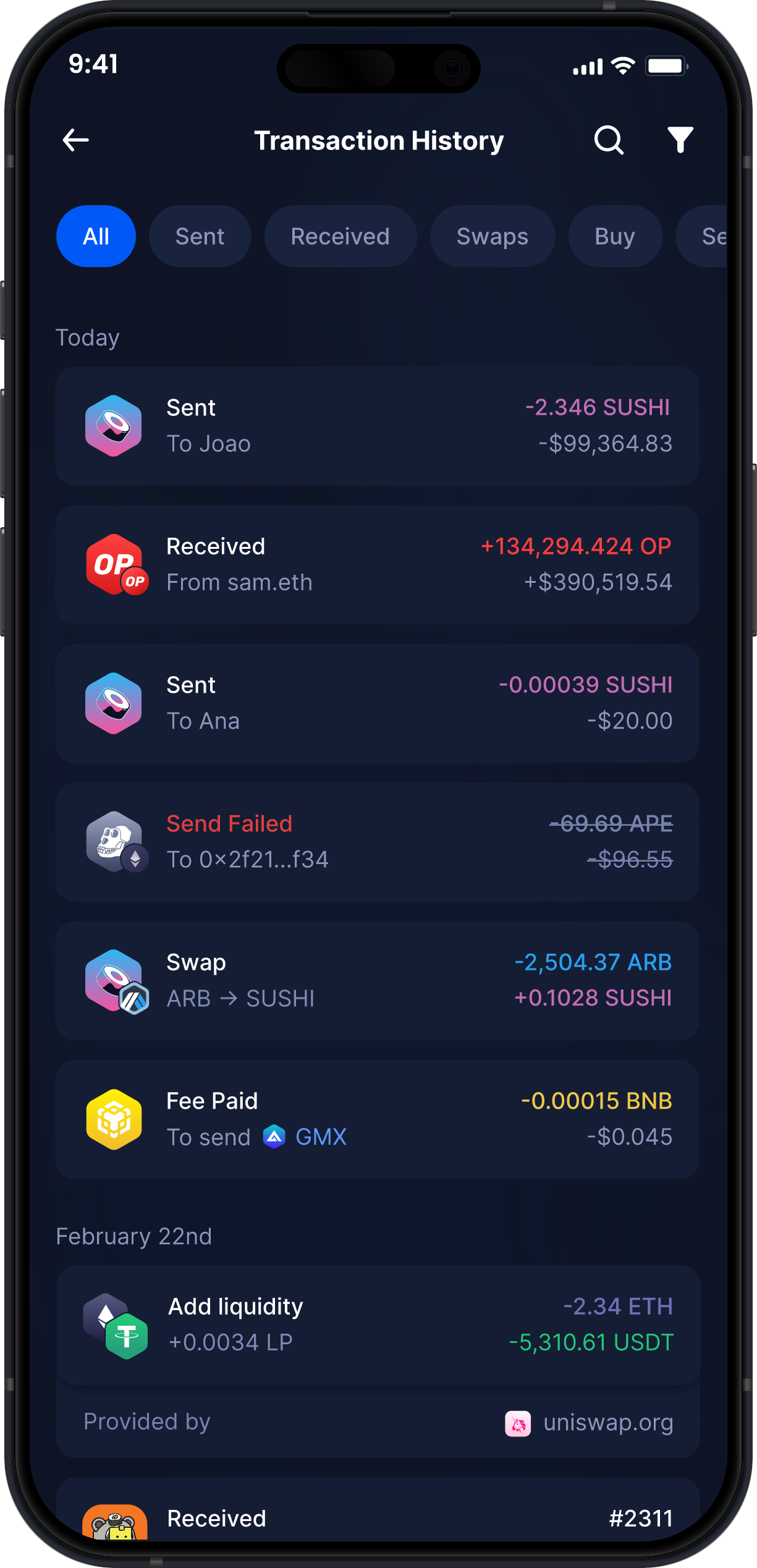 Infinity Mobile SushiSwap Wallet - Complete SUSHI Transaction History