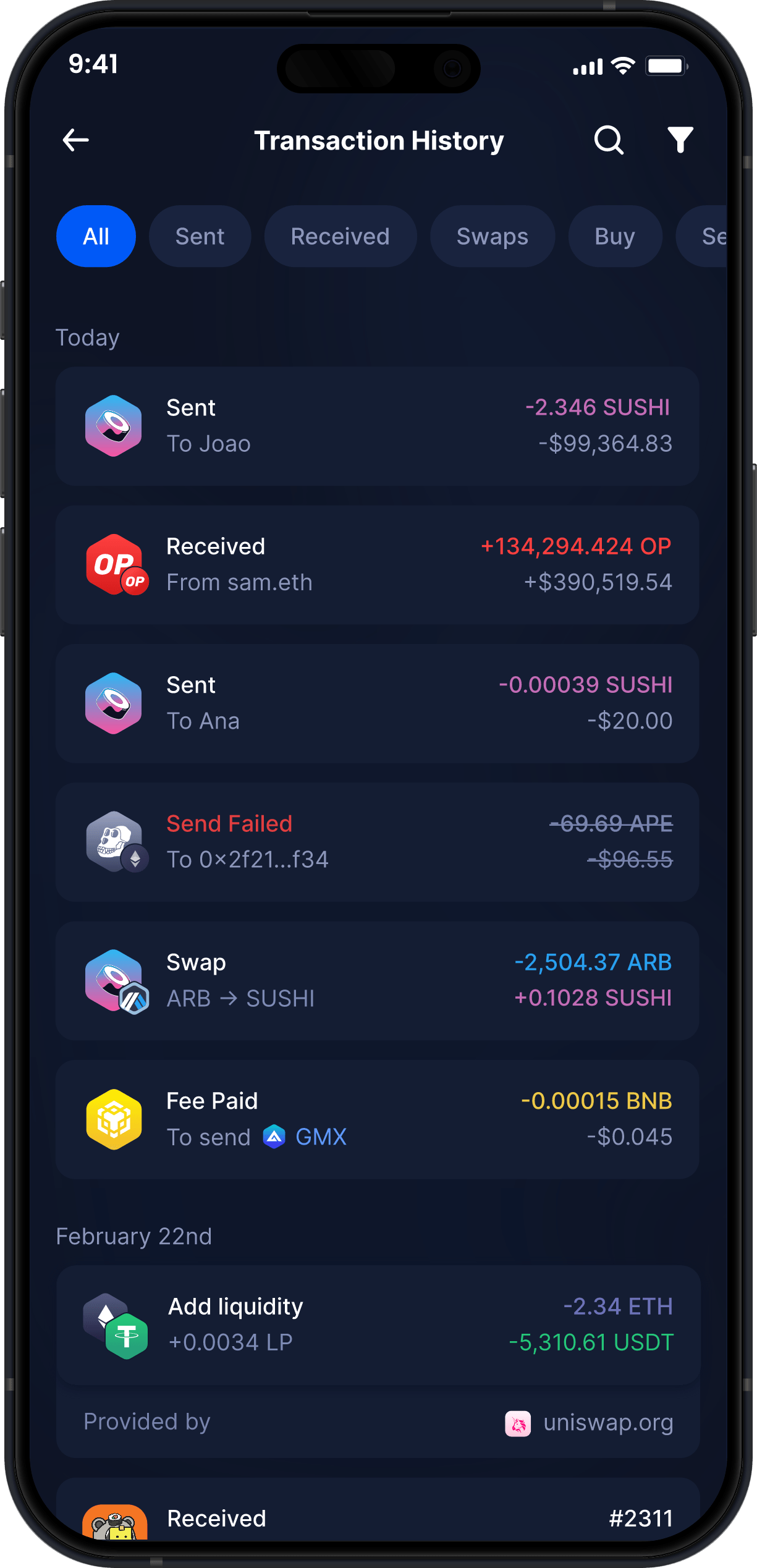 Infinity Mobile SushiSwap Wallet - Complete SUSHI Transaction History