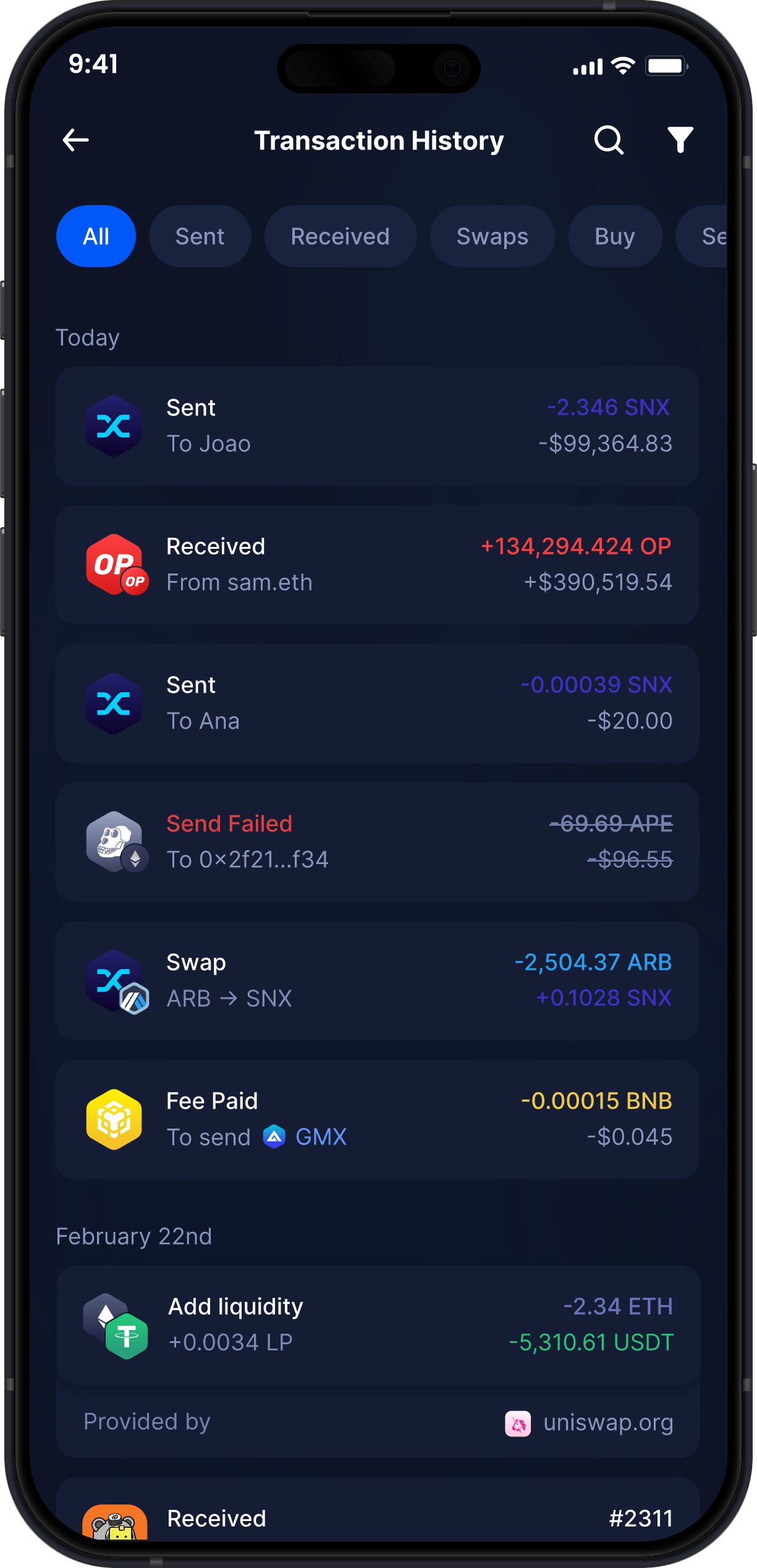 Wallet Synthetix Móvil de Infinity - Historial Completo de Transacciones de SNX