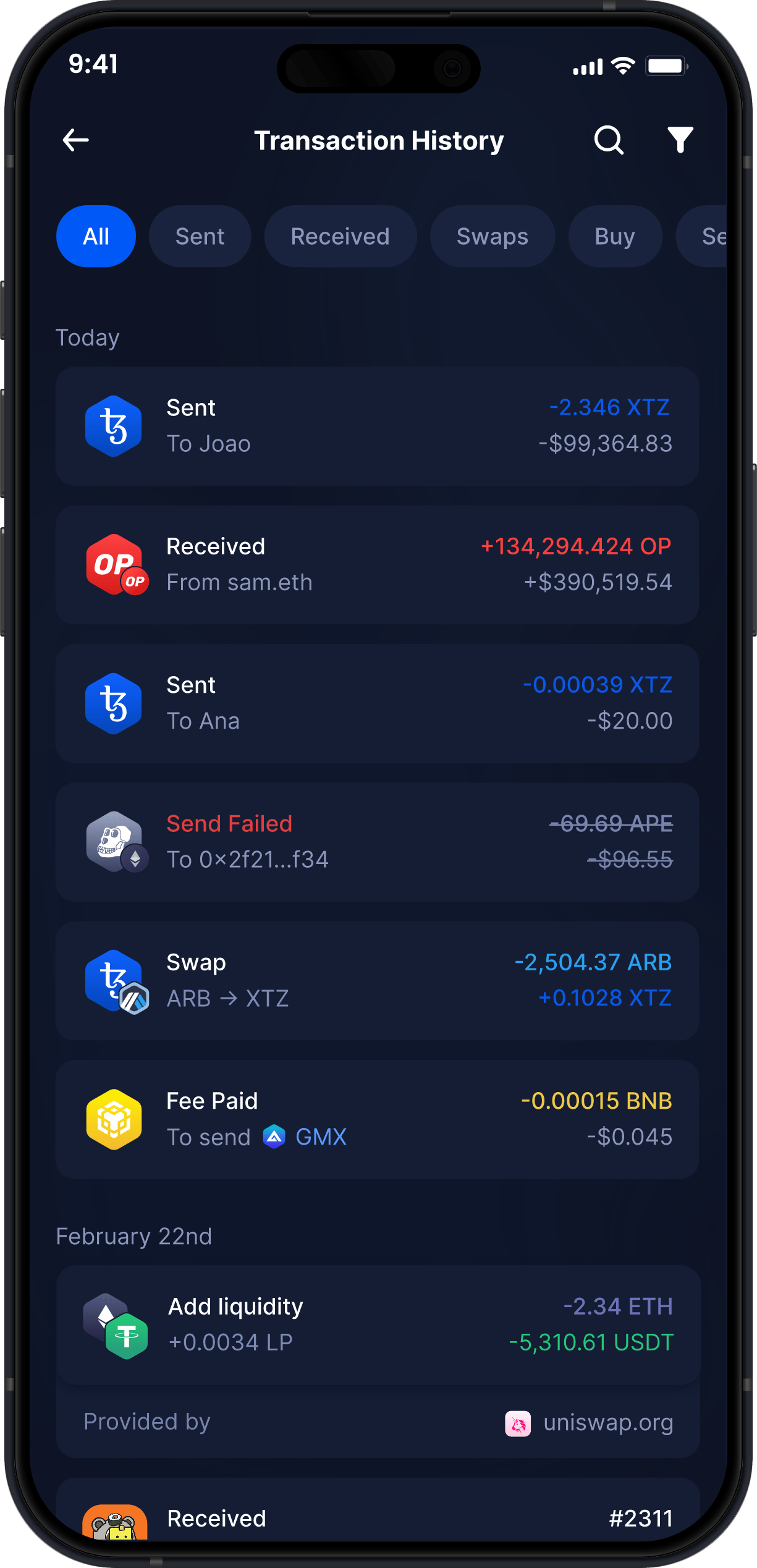 Infinity Mobile Tezos Wallet - Storia Completa delle Transazioni XTZ