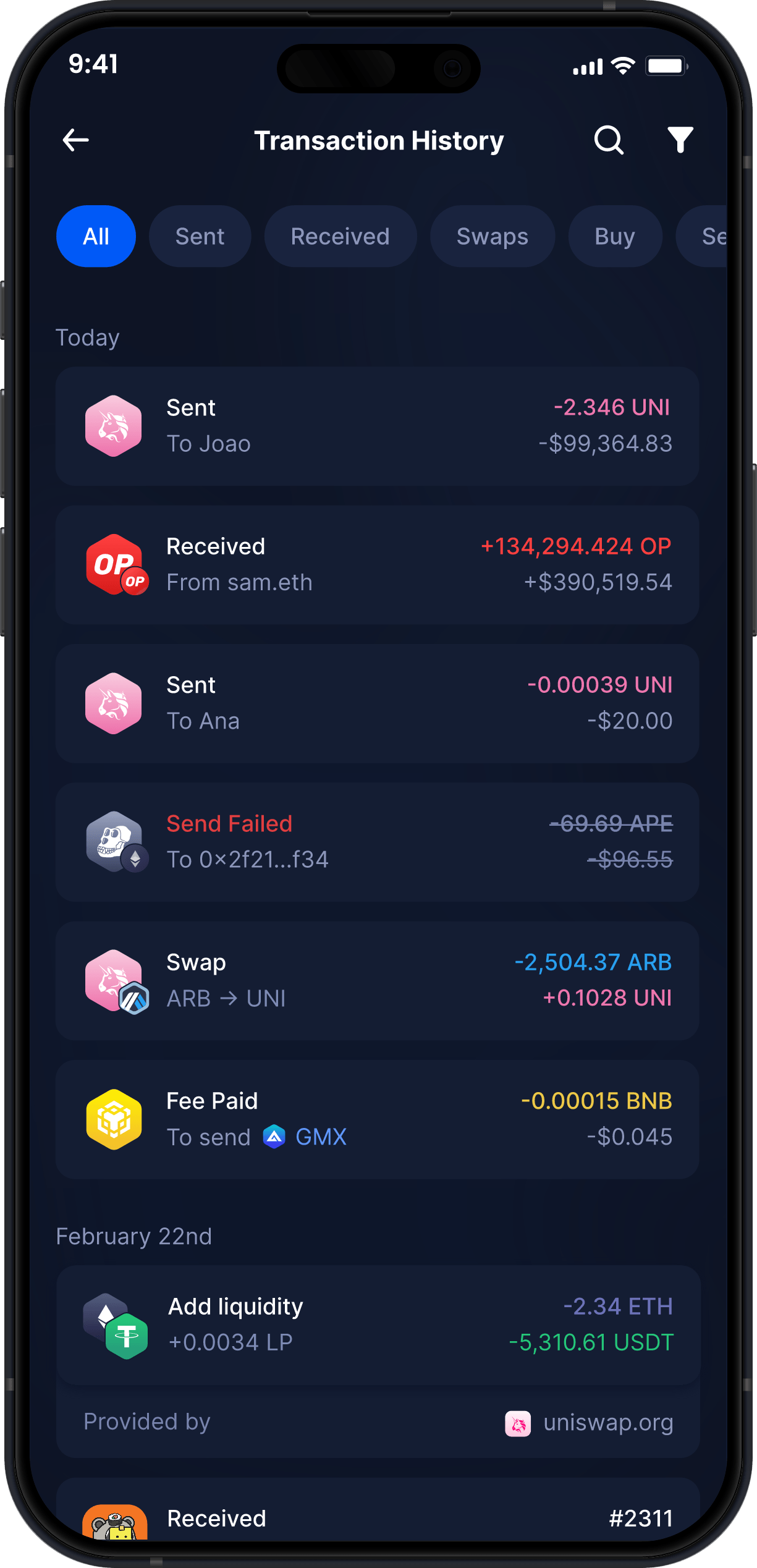 Infinity Mobile Uniswap Wallet - Complete UNI Transaction History